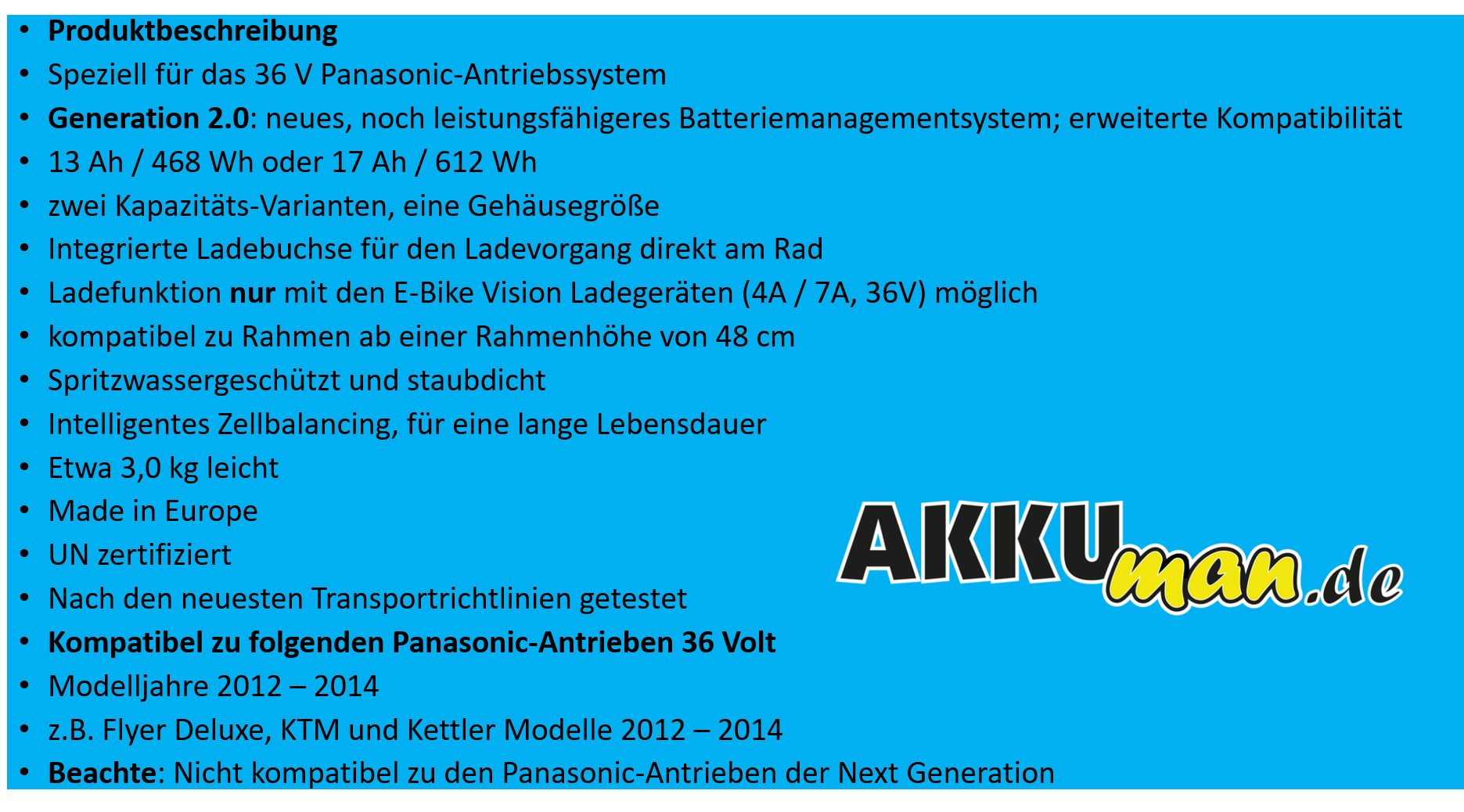 E-Bike Vision SET E-BIKE VISION Akku für Panasonic Antrieb 36V 17Ah 612 Wh 6A Lader E-Bike Akku