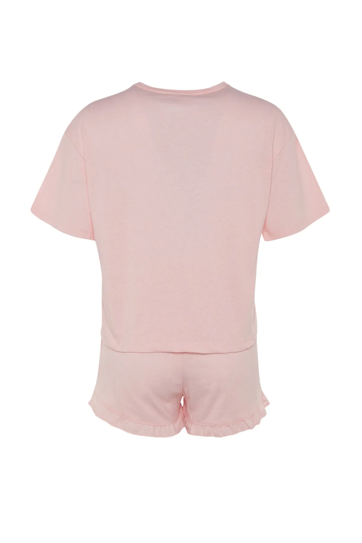 Trendyol Collection  Gestricktes Pyjama-Set mit bedruckten T-Shirts und Shorts aus rosafarbener Baumwolle THMSS22PT0422