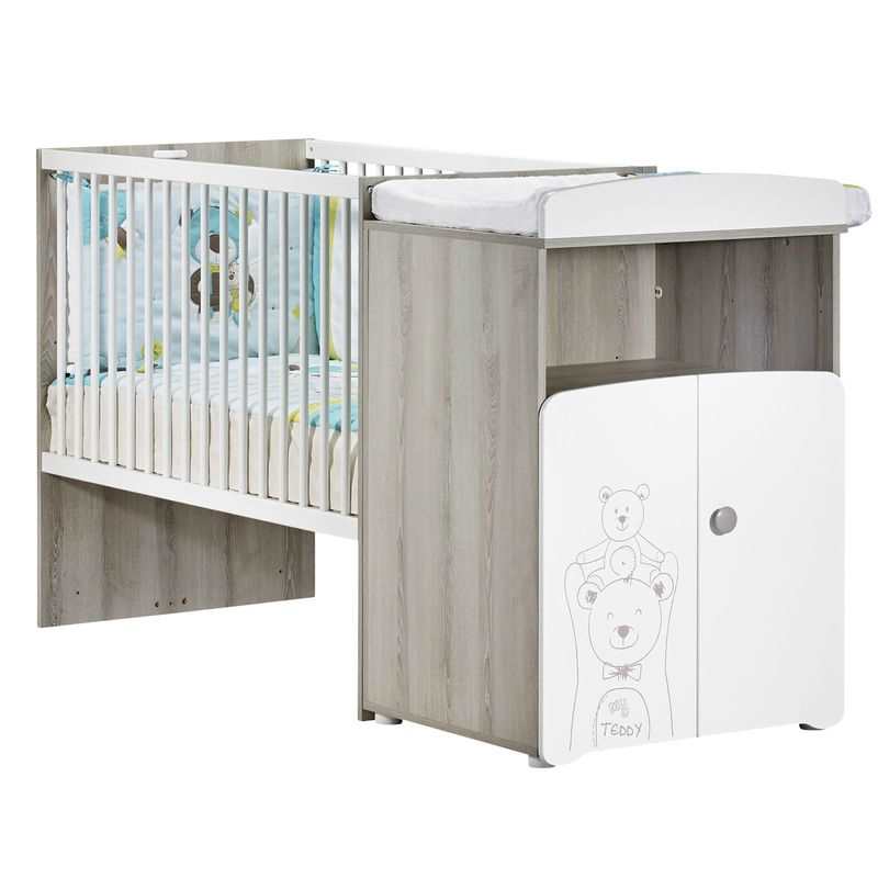 Lit bébé combiné évolutif 120x60 en 90x190 sérigraphié taupe Teddy