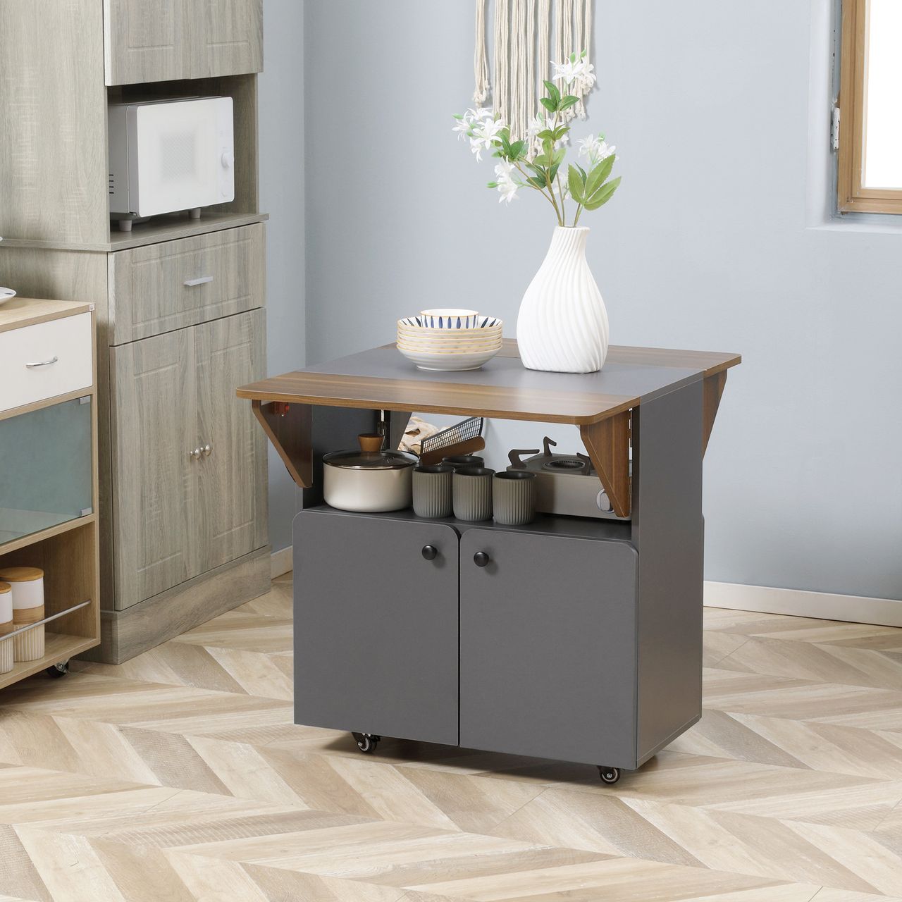 HOMCOM Esstisch Klapptisch mit Rollen Küchentisch mit zwei klappbare Tischseiten Esszimmertisch Sideboard mit Stauraum für Wohnzimmer Küche Spanplatte Hellgrau Dunkelbraun 70 x 83 x 75 cm