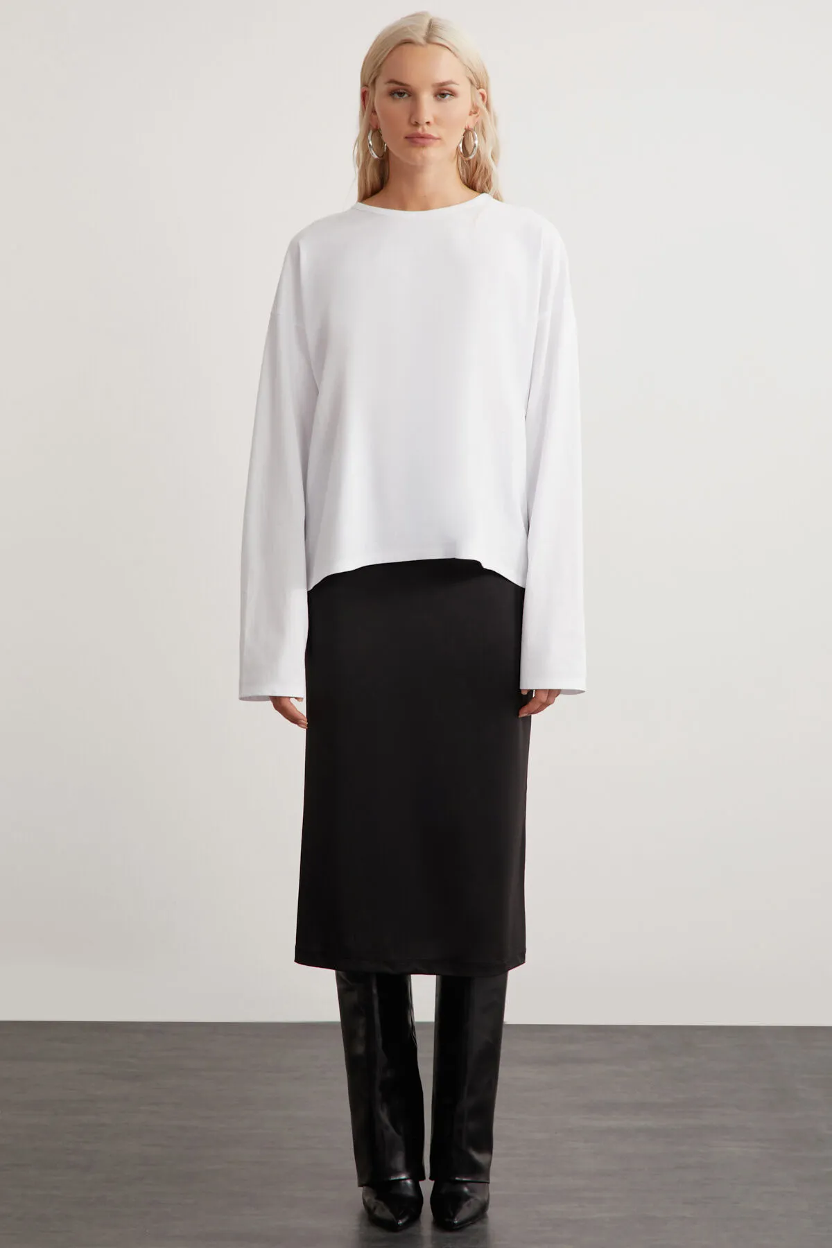 GRIMELANGE  Basıl Damen-T-Shirt aus 100 % Baumwolle, Rundhalsausschnitt, Oversize-Passform, langärmlig, weiß