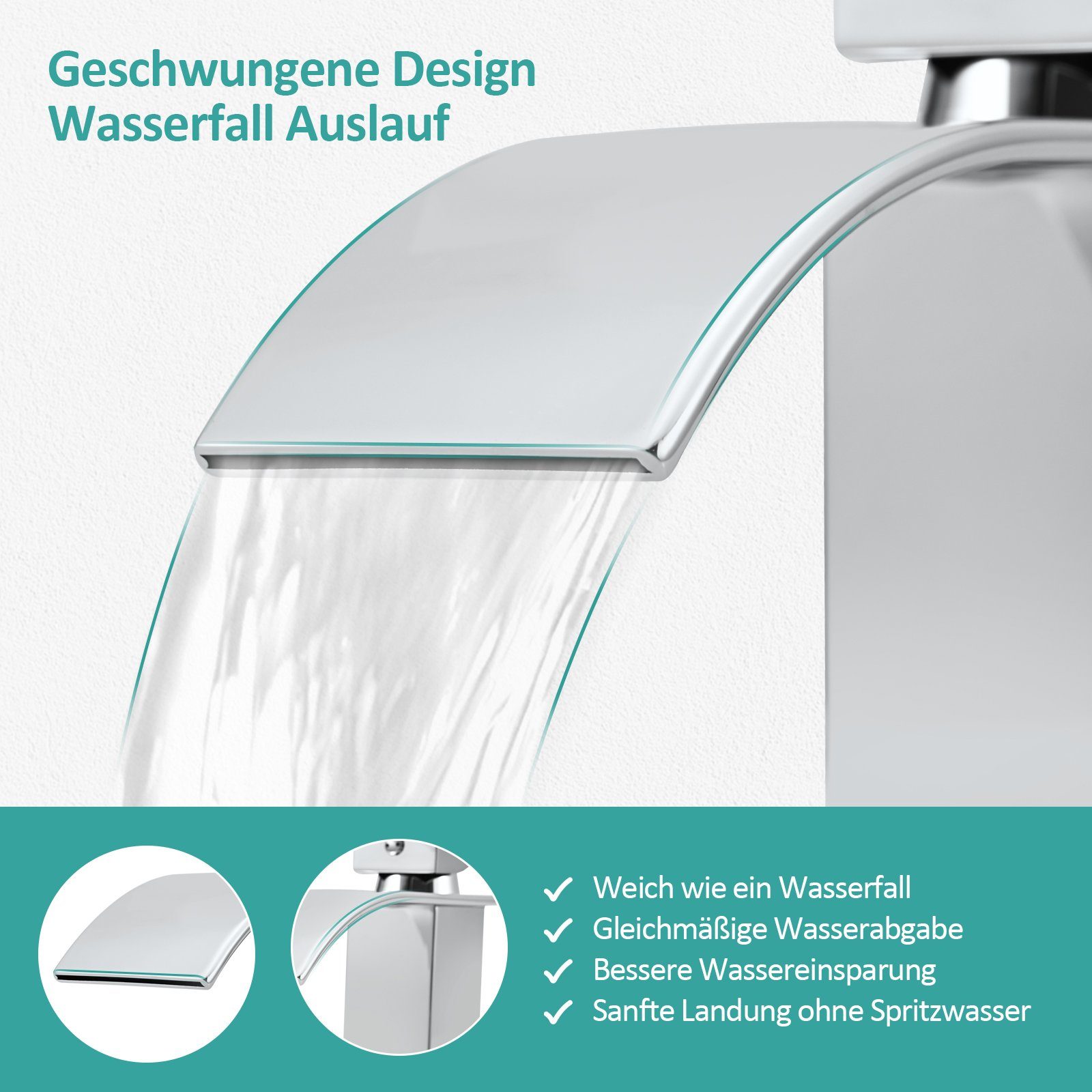 EMKE Waschtischarmatur Waschtischarmatur Wasserfall Badarmatur aus Edelstahl Einhebelmischer für Waschbecken mit Auslauf Höhe 117 mm