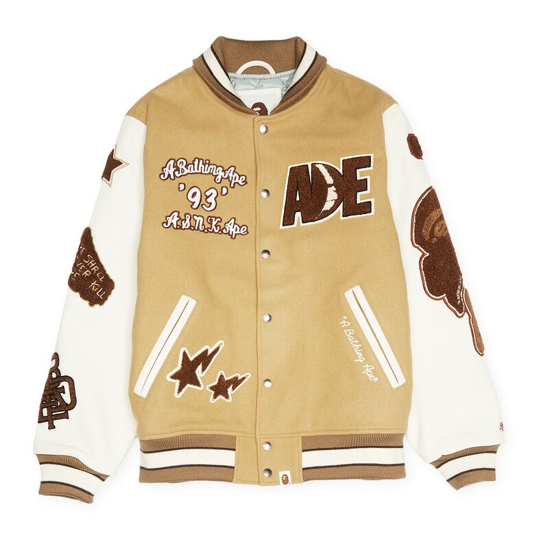 A Bathing Ape Multi Motif Varsity Jacket beige