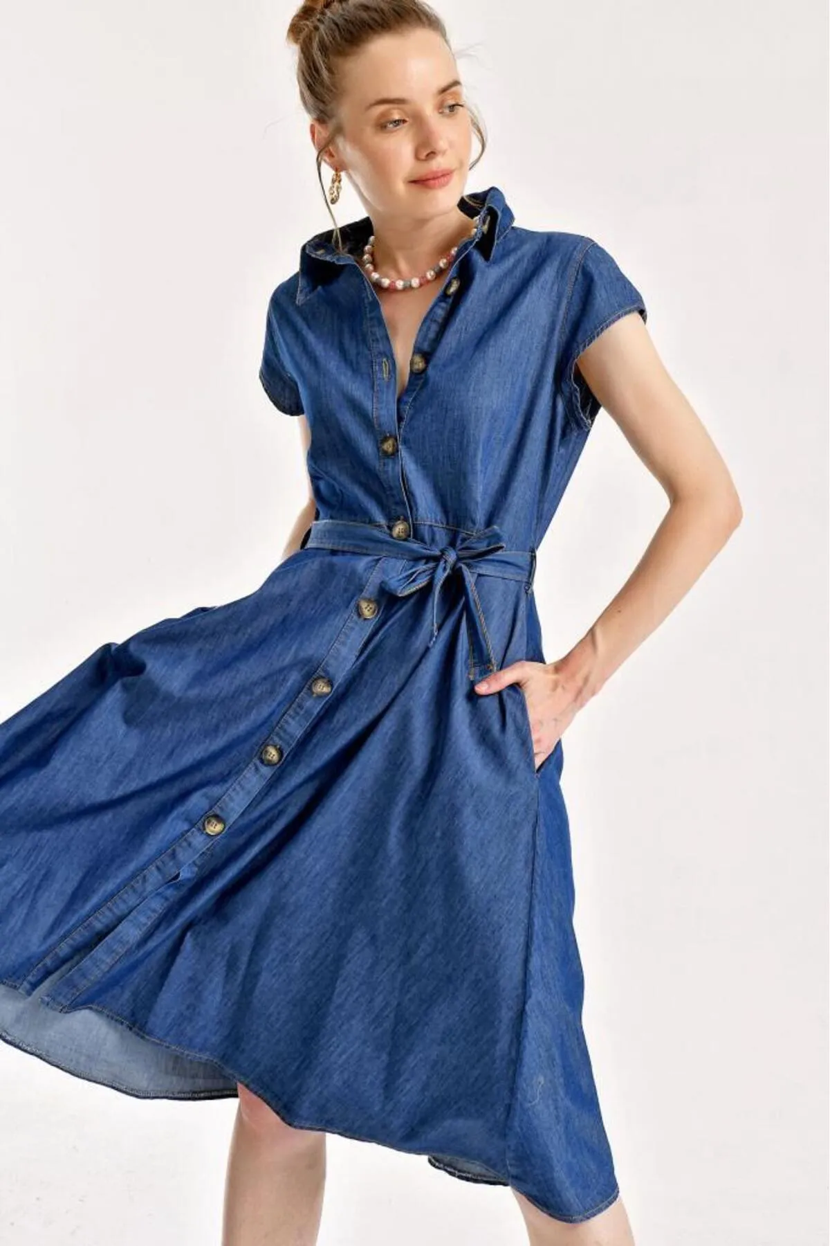 Bigdart  1677 Jeanskleid mit geknöpftem Taillengürtel – Marineblau