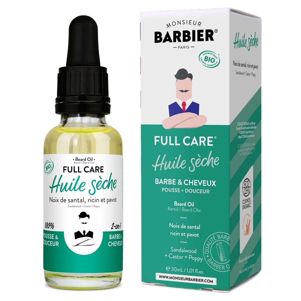 Monsieur Barbier Huile Barbe Bio, 100% Naturelle & Vegan- Full Care Huile Sèche Bio de Soin 2-en-1 Barbe & Cheveux pour Hommes / Parfum Santal Blond