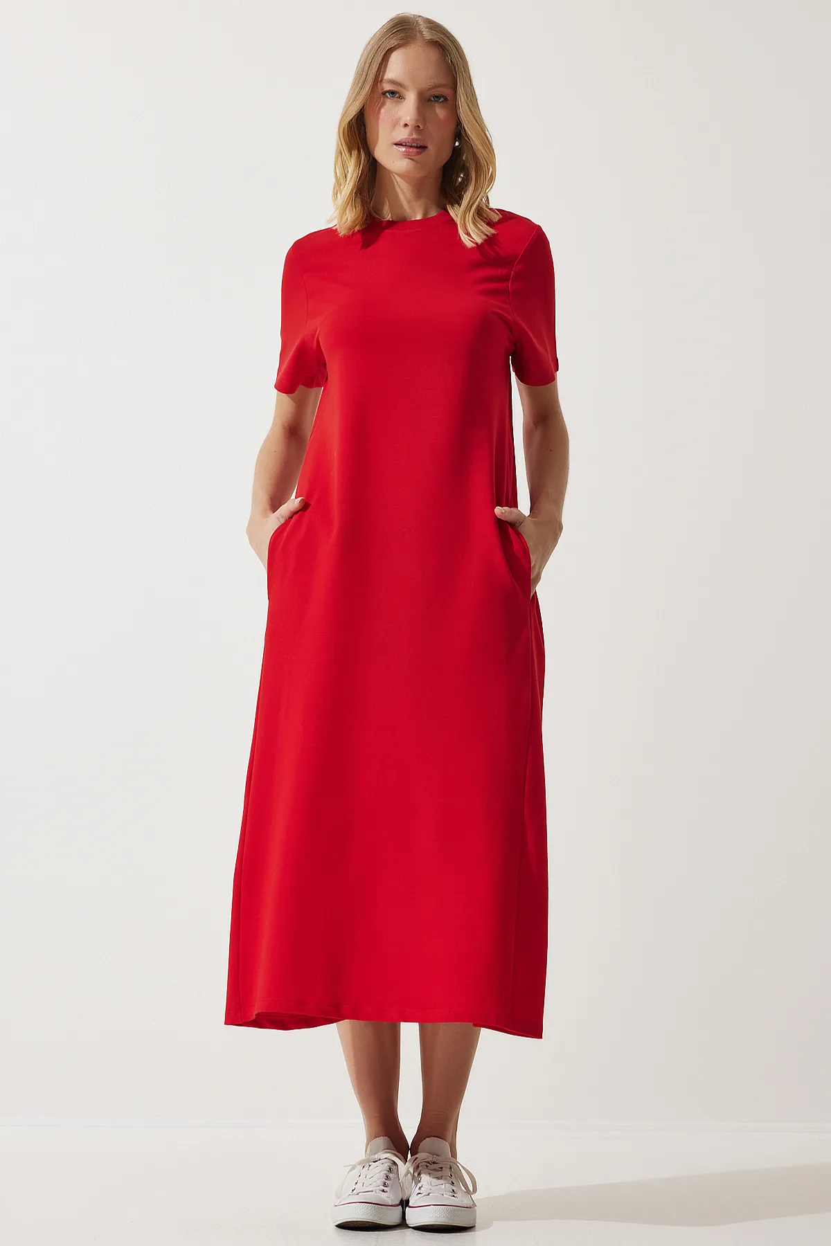 Happiness İstanbul  Rotes A-Linien-Sommerkleid für Damen aus gekämmter Baumwolle UB00060