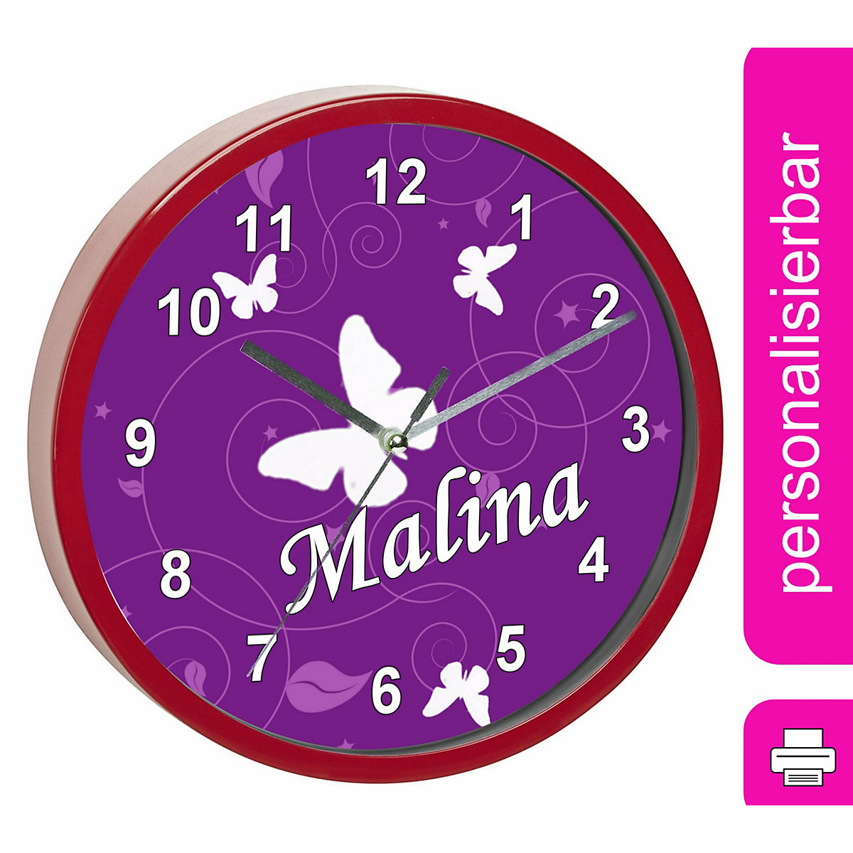 Kinder Wanduhr personalisiert mit Name Schmetterling Lila