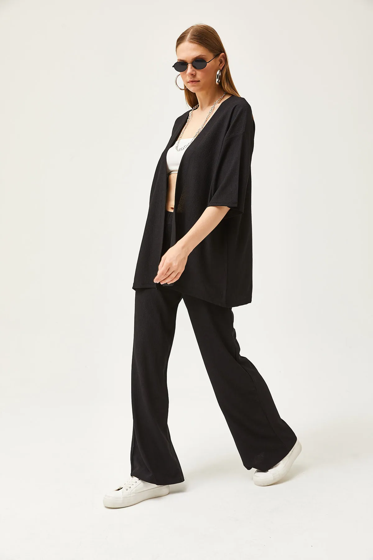 Olalook  Schwarzes Damen-Set aus Oberteil und Kimono sowie Hose TKM-19000280