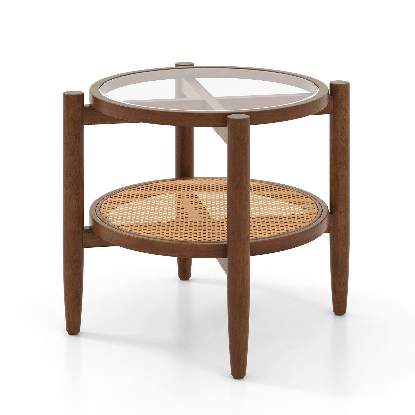 COSTWAY Beistelltisch, gehärtete Glasplatte, mit Rattan Ablage, rund 56x56cm