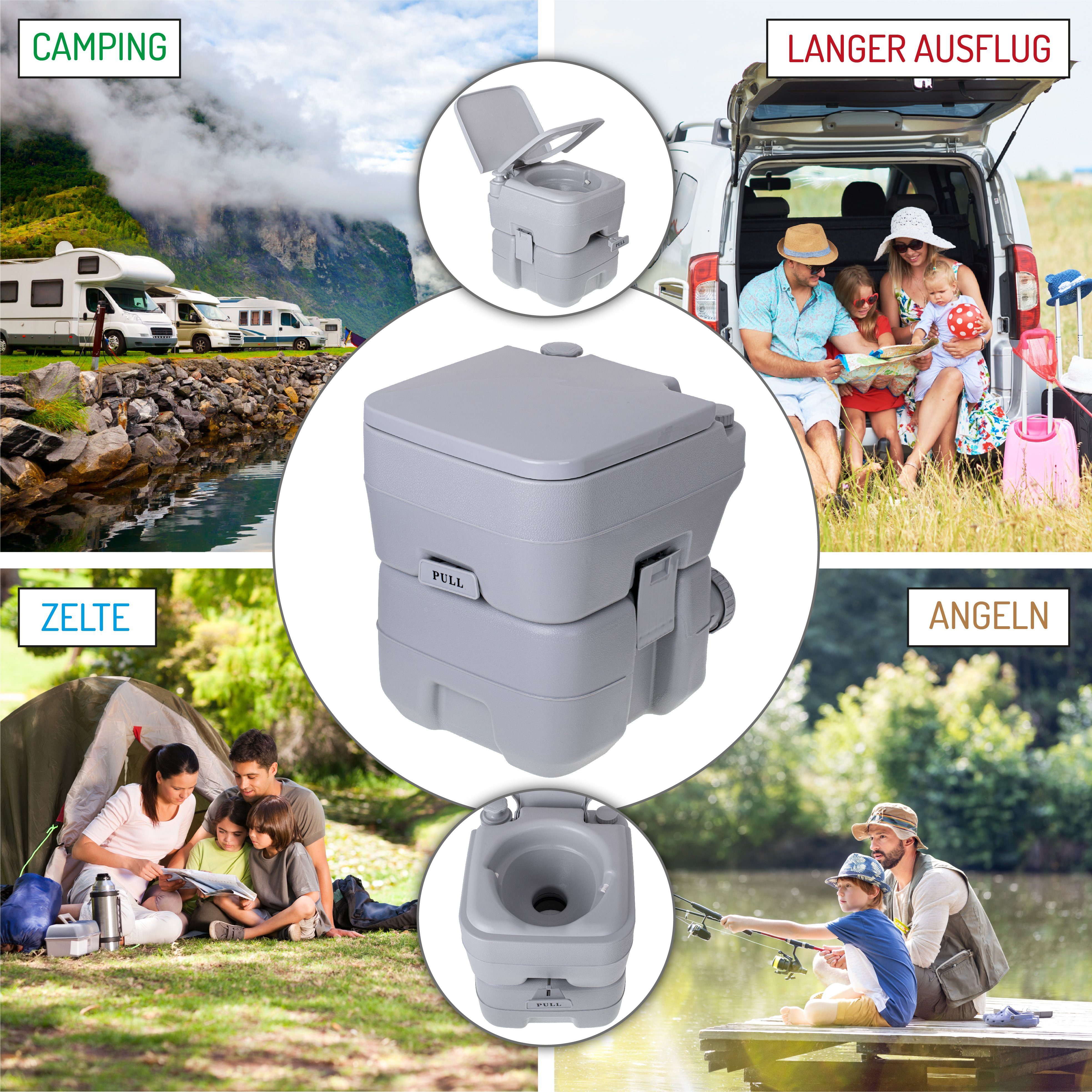 JUNG Campingtoilette CAMRY CR1035 Campingtoilette ohne Chemie 13L Spülwassertank bis 115kg, (ideal auch für die Versorgung Bewegungseinschränkter Personen, Mobiles WC, Toilet für Camping, Festivals, Notfälle, Tragbare Toilette), 20L Behälter mit Stop
