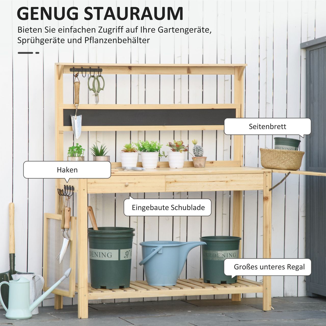 Outsunny Pflanztisch Gärtnertisch mit 8 Haken Schublade Natur 151x45,5x143 cm