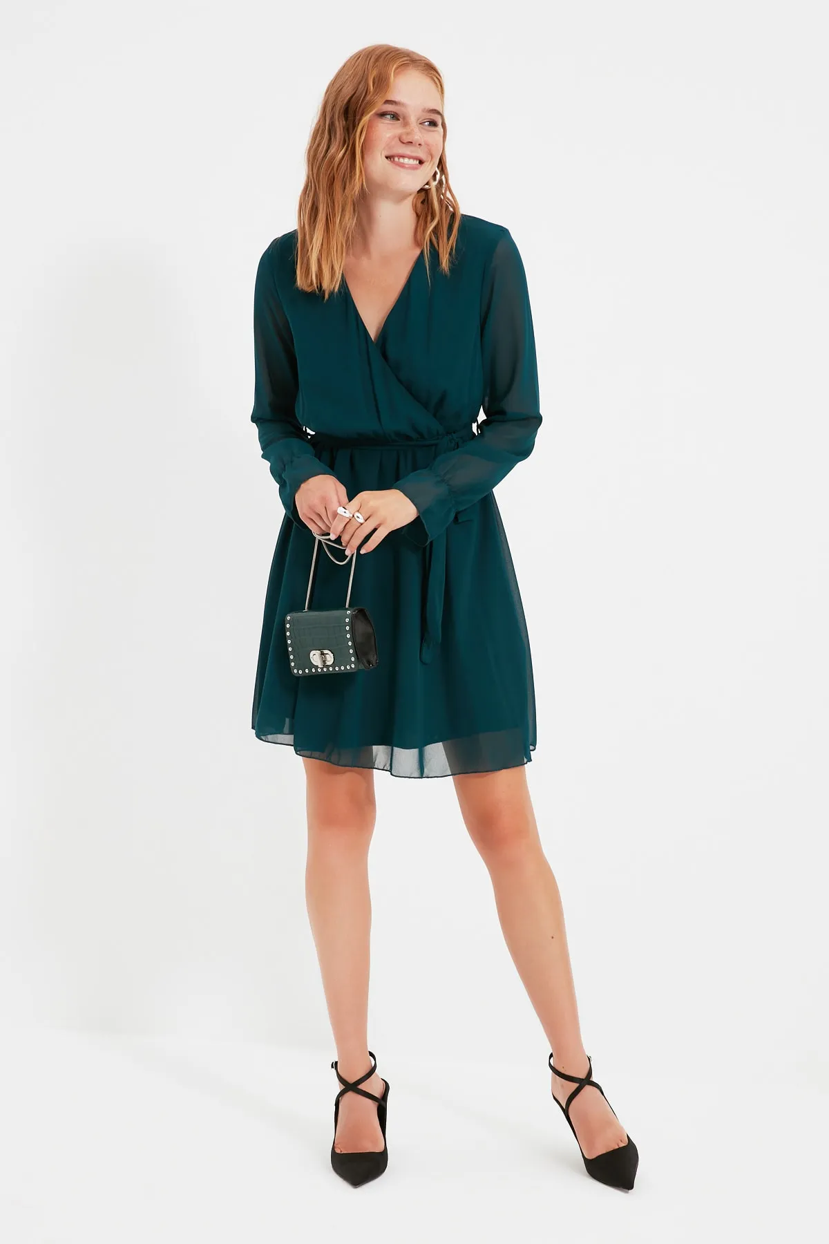 Trendyol Collection  Smaragdgrünes, zweireihiges Webkleid mit Gürtel TWOAW20EL0789