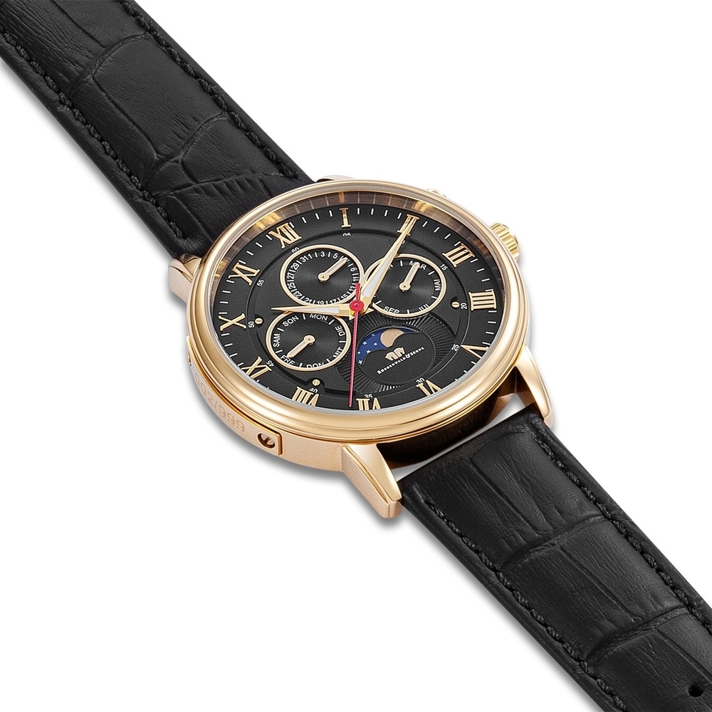 Rhodenwald & Söhne Multifonctions Moontime II Or jaune Cuir véritable en Noir Montre