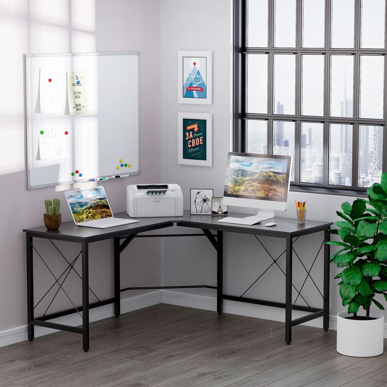 HOMCOM Computertisch L-Form Eckschreibtisch Winkelschreibtisch MDF Schwarz 150 x 150 x 76 cm