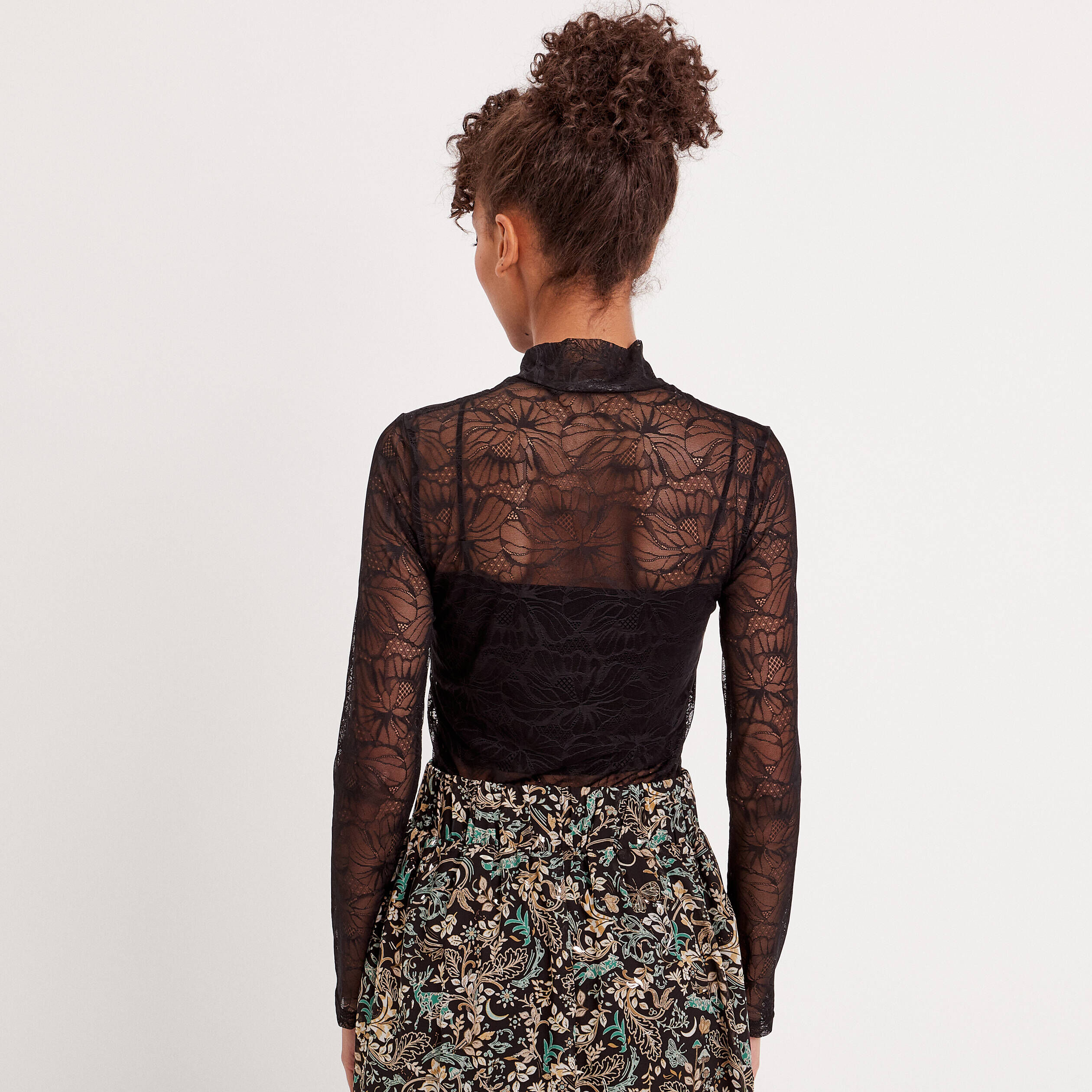 T-shirt col montant dentelle noir femme | Cache Cache