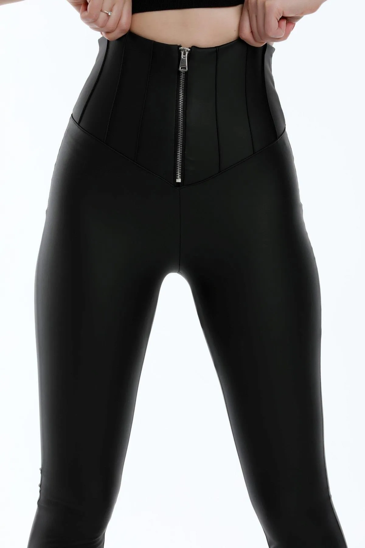 Domoda  Schwarze, hoch taillierte, schlankmachende, straffende Kunstleder-Korsett-Damenleggings mit Reißverschluss