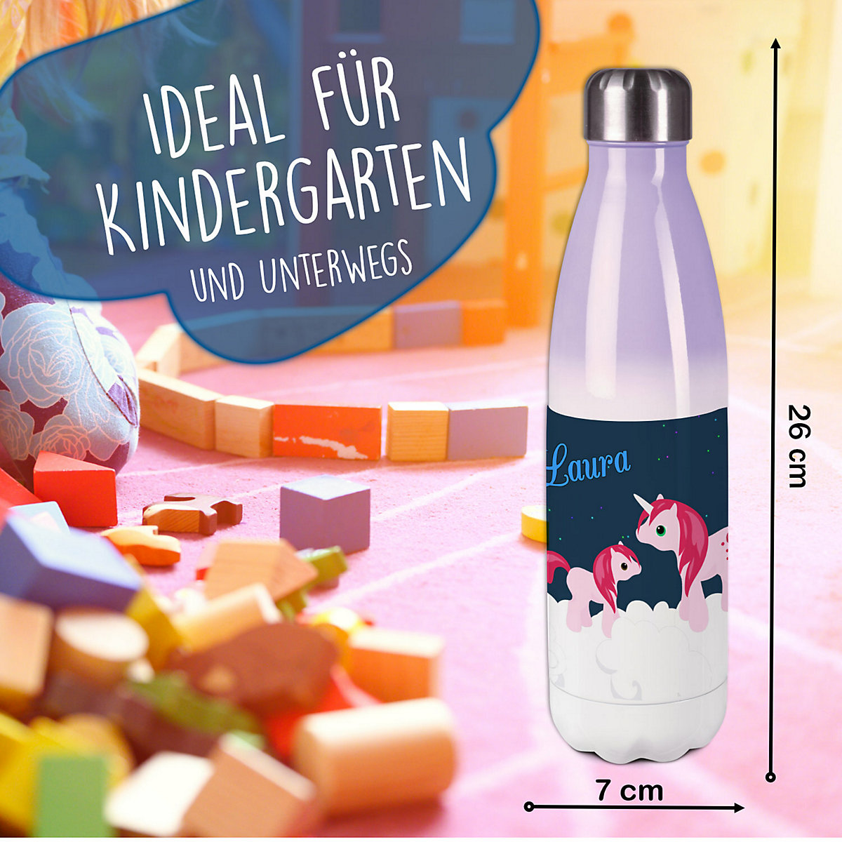 Edelstahl Kinder Thermoflasche / Trinkflasche bunt Einhorn Spülmaschinenfest, Auslaufsicher, Bruchfest, Doppelwandig, Für Heißgetränke geeignet, Mit Deckel, Isoliert