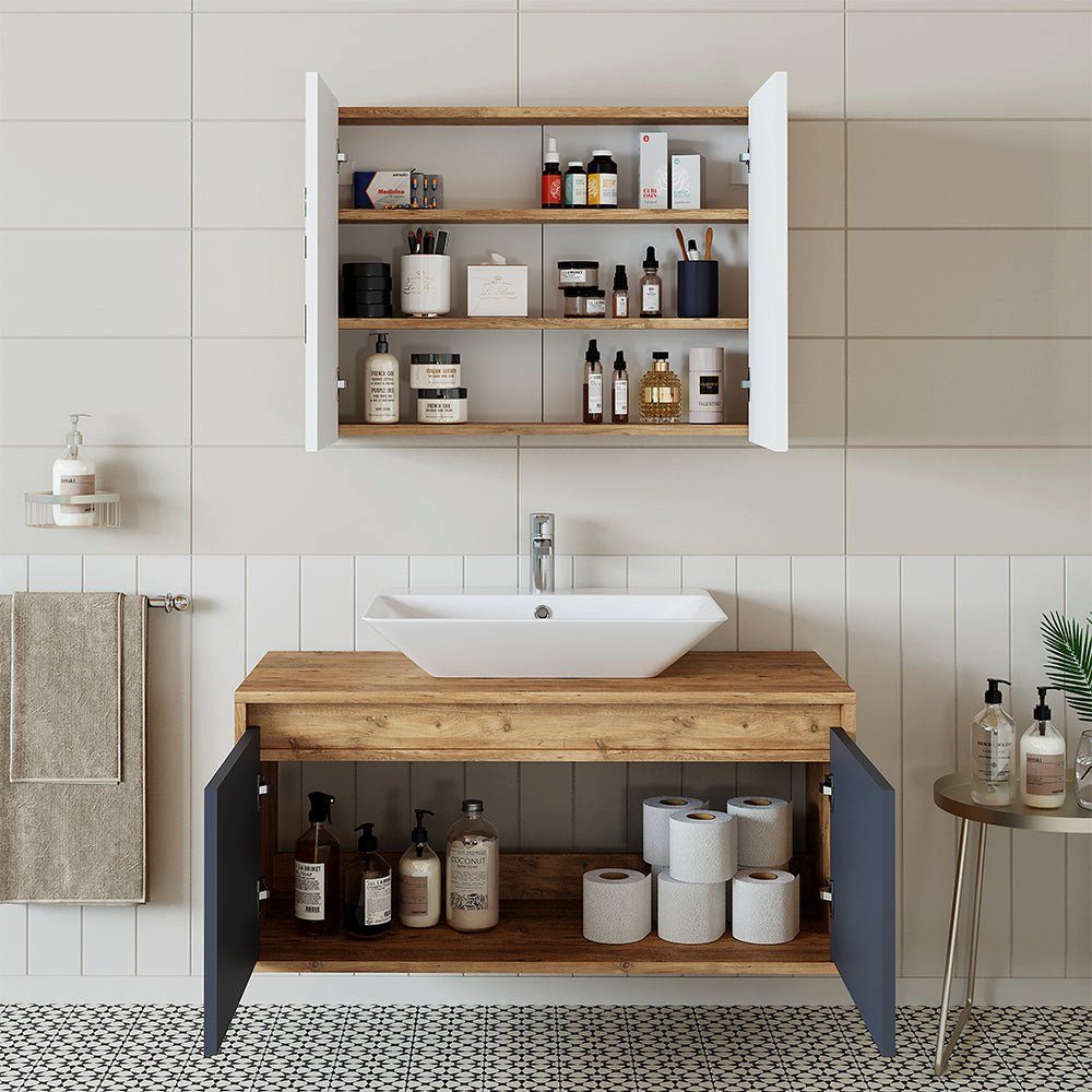 Roomart Badmöbel-Set, (Badmöbel Set 3-teilig 100cm Unterschrank mit Waschbecken Spiegelscrank)