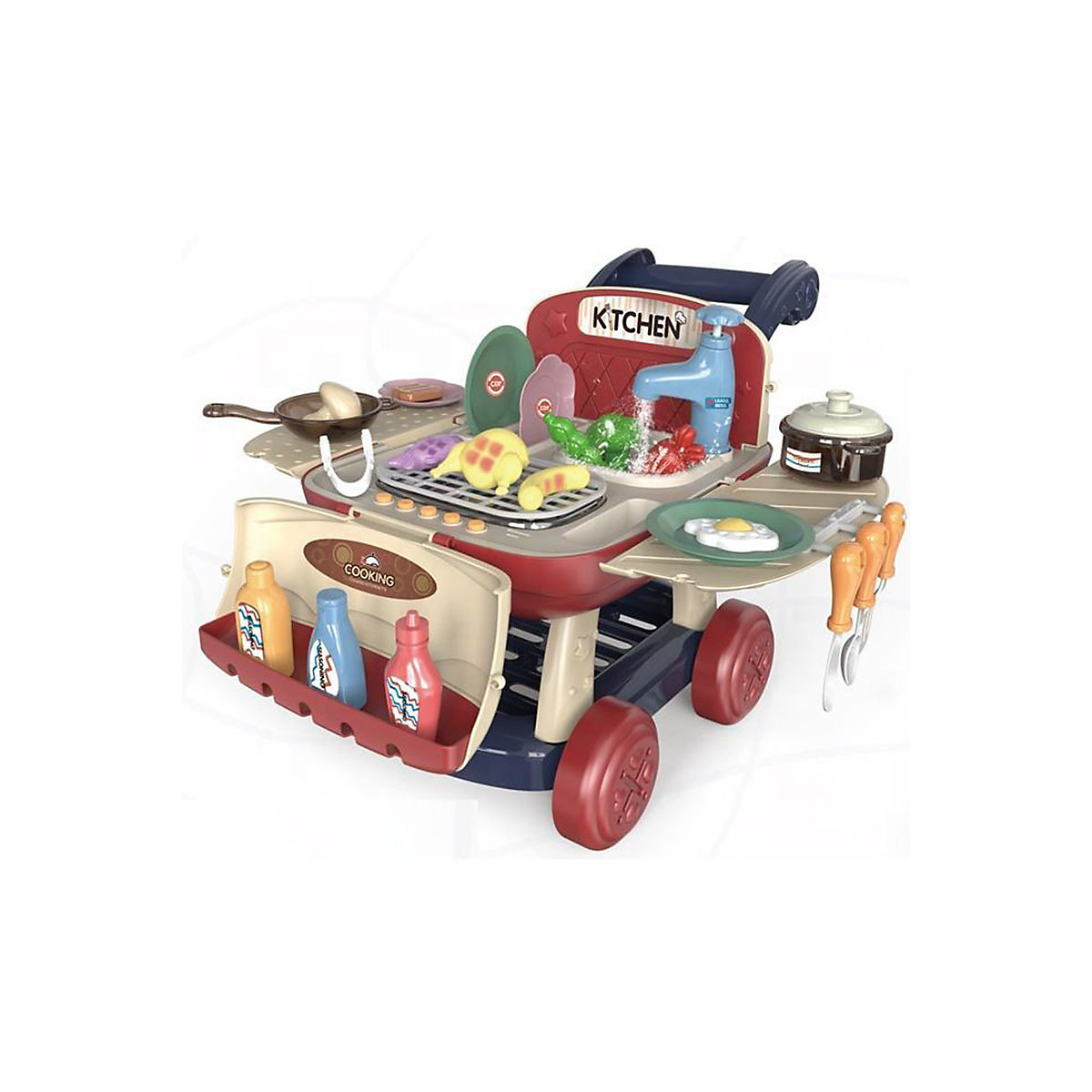 BBQ-Einkaufswagen Kinder Küchenwagen BBQ Spielset mit Lichtern und Musik, Küche Lebensmittel Obst Zubehör, 25 Teile, Geburtstagsgeschenke für 3, 4, 5, 6, 7, 8 Jahre alte Jungen und Mädchen