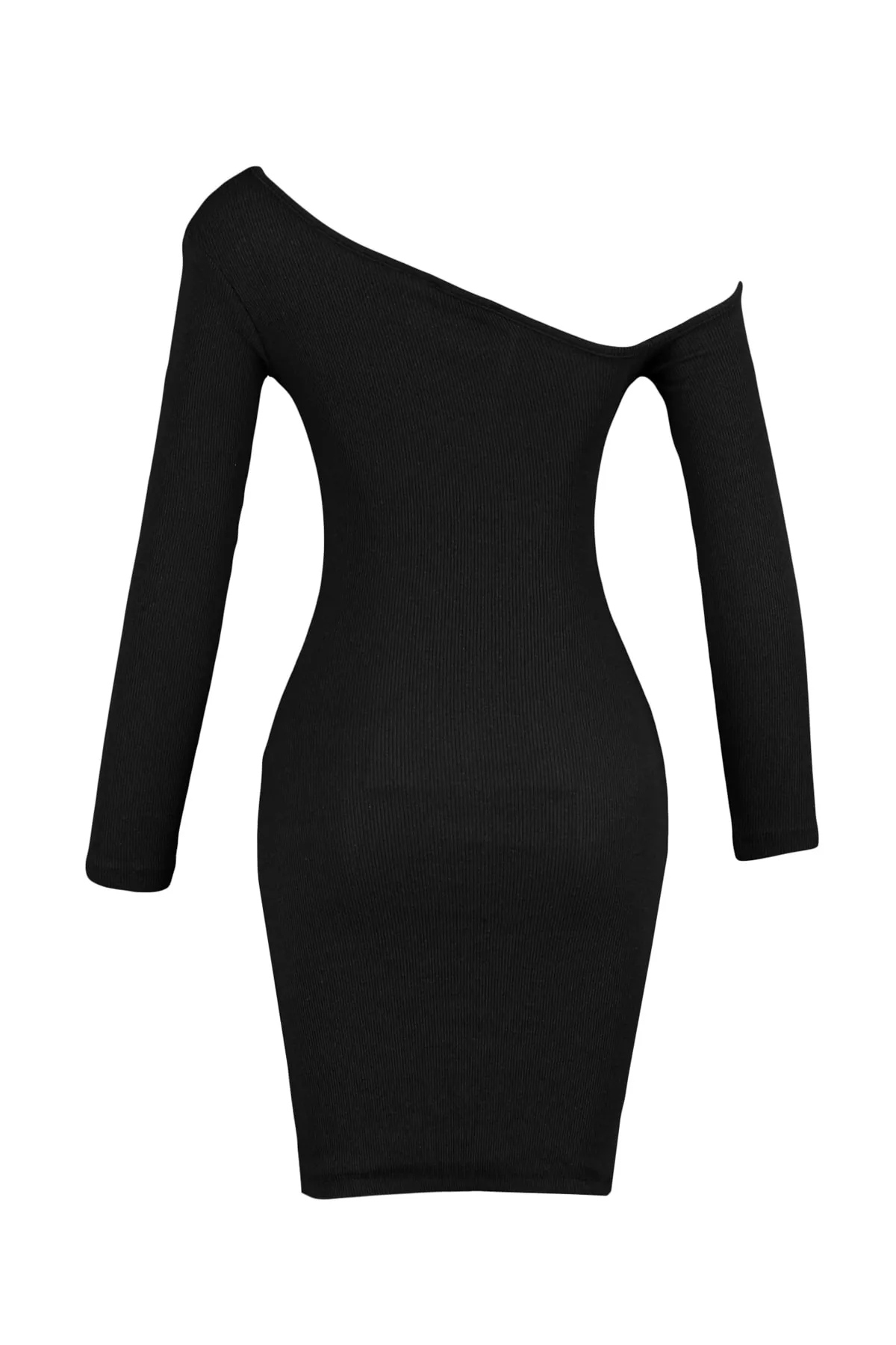 Trendyol Collection  Schwarzes, figurbetontes, schulterfreies Mini-Bleistiftkleid aus flexiblem Strick mit asymmetrischem Kragen und geripptem Saum TWOAW23EL00118
