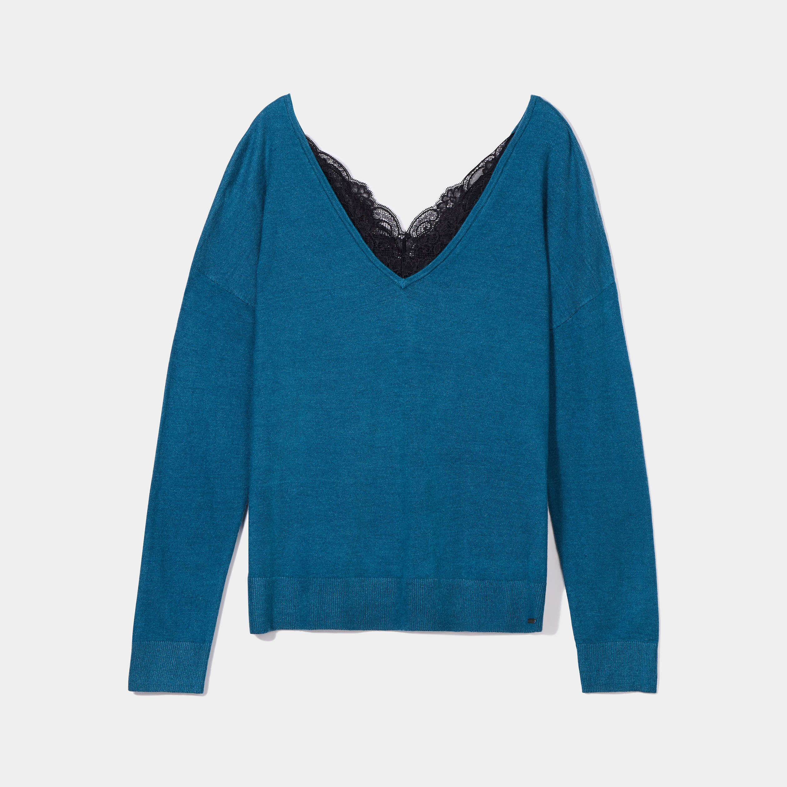 Pull dos en V avec dentelle bleu canard femme | La Halle