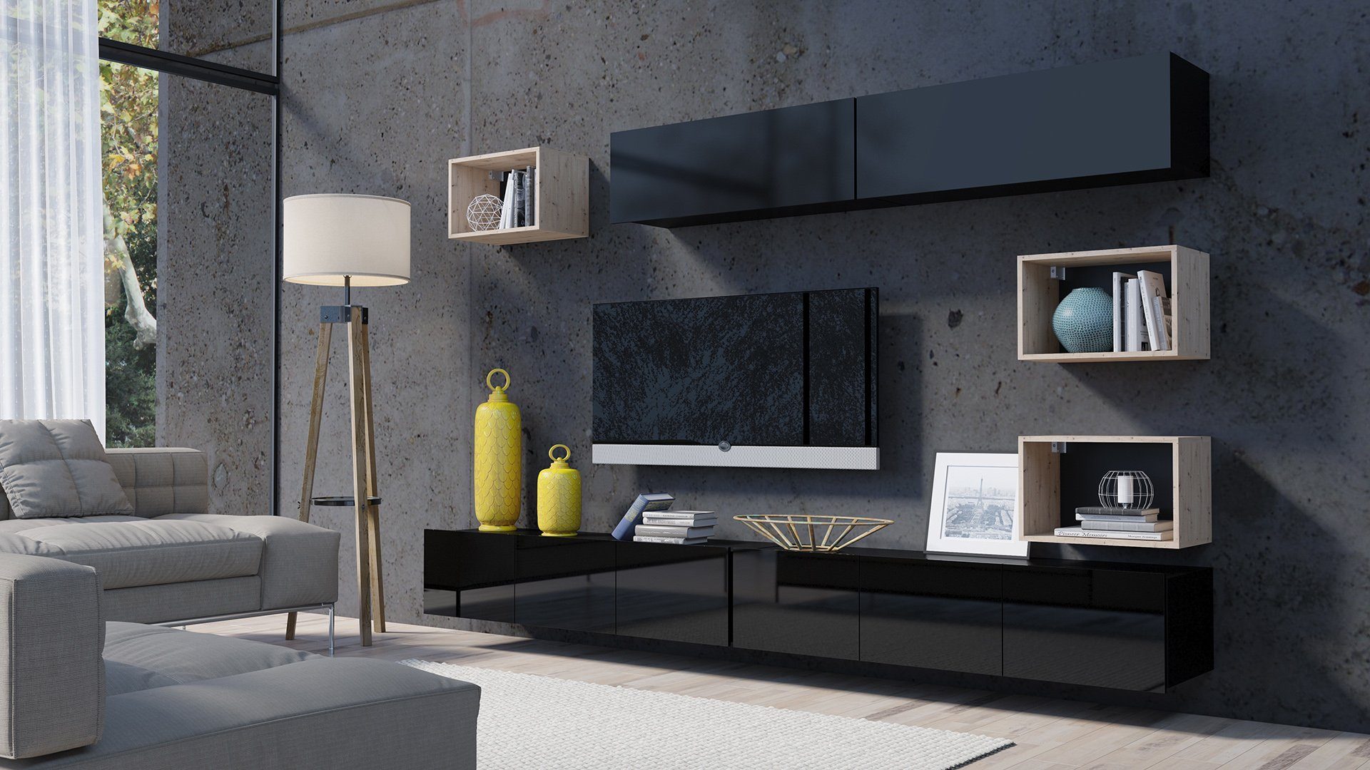 Stylefy Wohnwand Bietula, (Set (7-St), Wohnzimmer-Set), 7-teilig, ABS-Schutzkanten, FSC-Zertifizierung, Modern Design, variabel hängbar