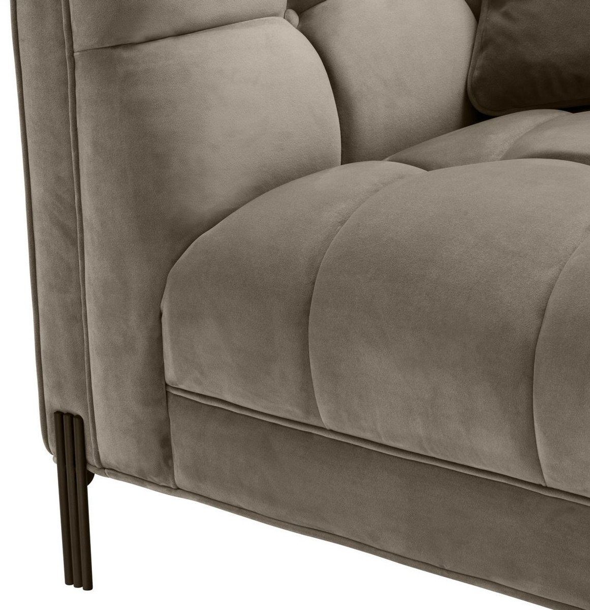 Casa Padrino Loungesofa Luxus Lounge Sofa Greige / Schwarz 223 x 95 x H. 68 cm - Linksseitiges Wohnzimmer Sofa mit edlem Samtsoff und 2 Kissen