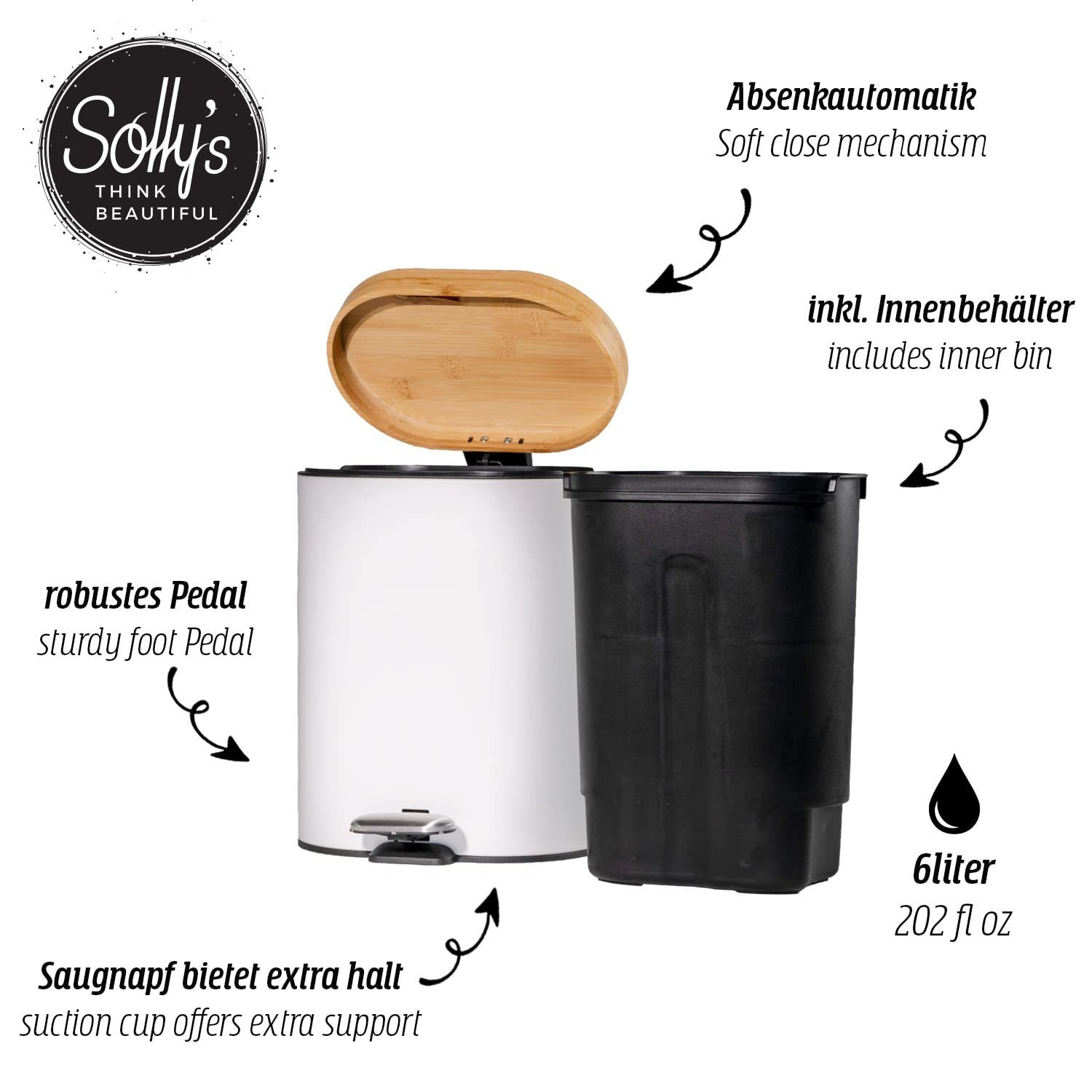 Solly's Kosmetikeimer 6L mit Bambus Deckel, Absenkautomatik, pulverbeschichtet, rutschfest