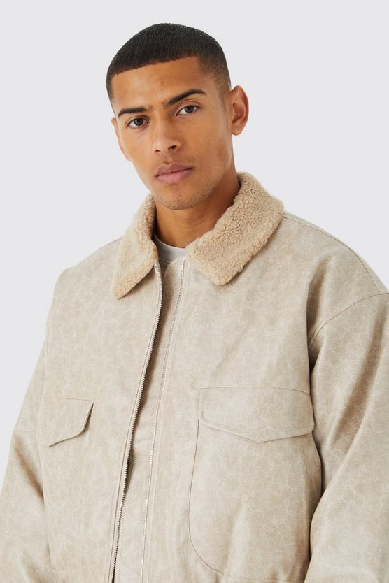 Kastige PU-Fliegerjacke mit Borg-Kragen