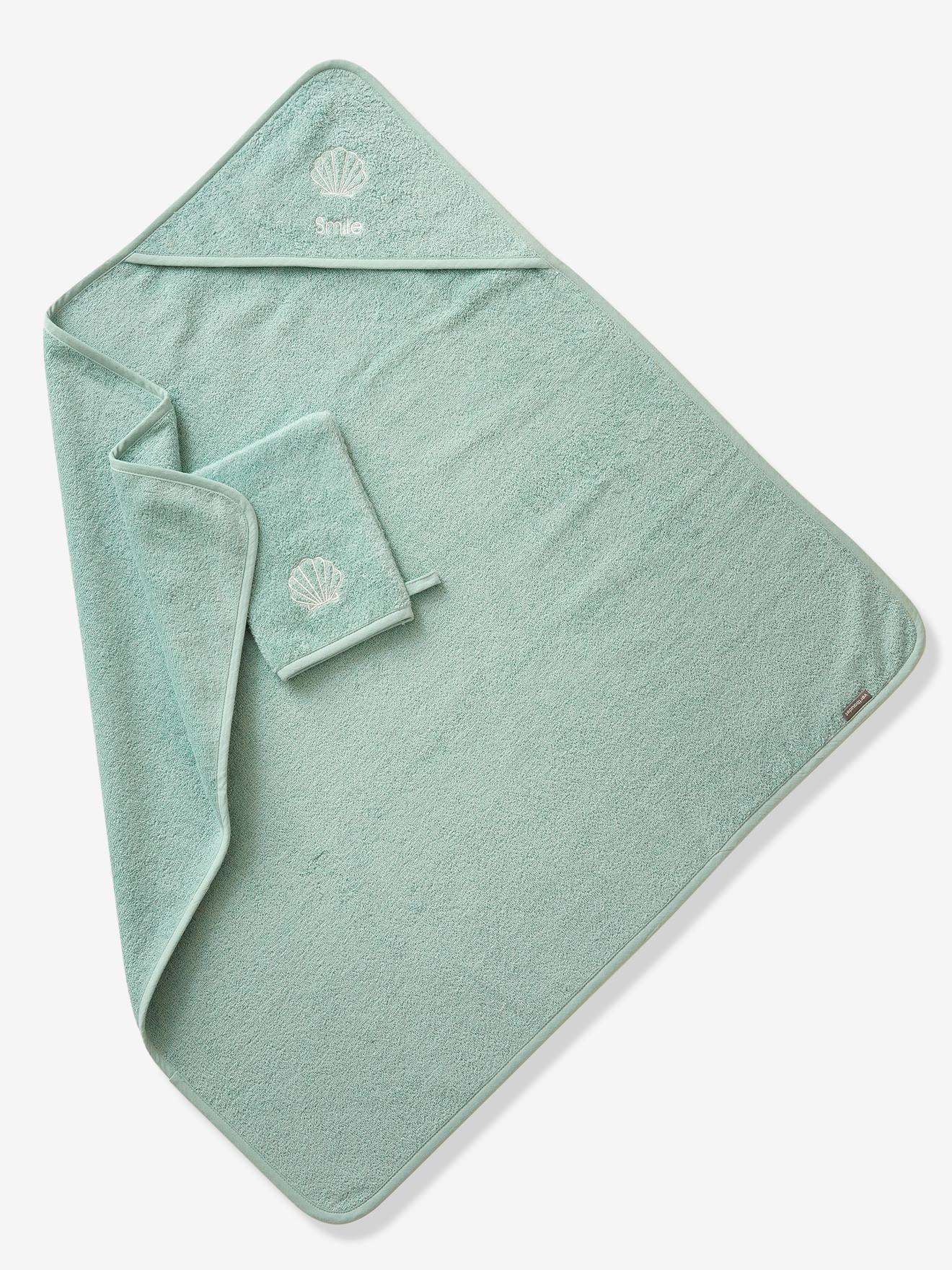 Vertbaudet Baby Kapuzenbadetuch & Waschhandschuh Oeko-Tex, personalisierbar - blau