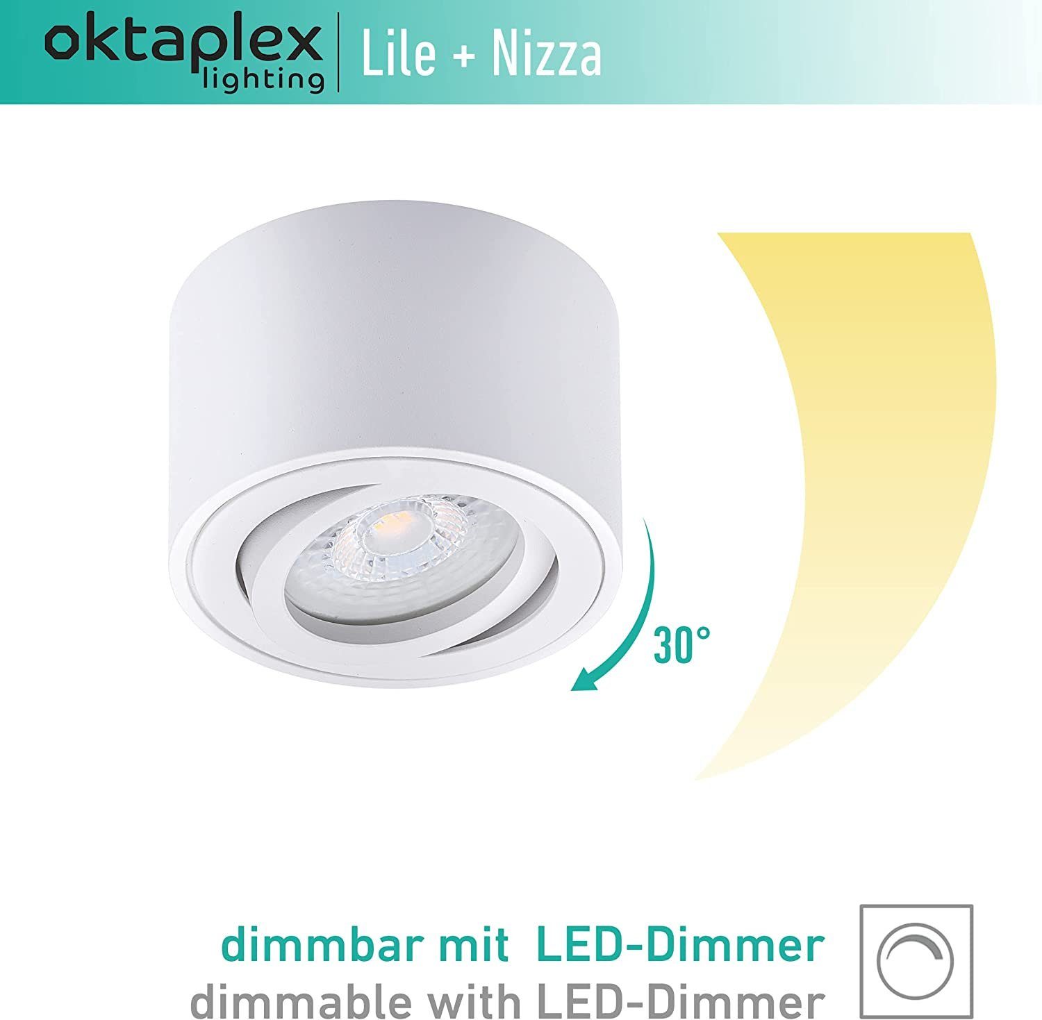 Oktaplex lighting LED Deckenstrahler 3 Stück Aufbauspots inkl. LED Leuchtmittel 5W 380 Lumen, Dimmbar, Leuchtmittel wechselbar, warmweiß, 3000 Kelvin 230V 30° schwenkbar Höhe 50mm weiß