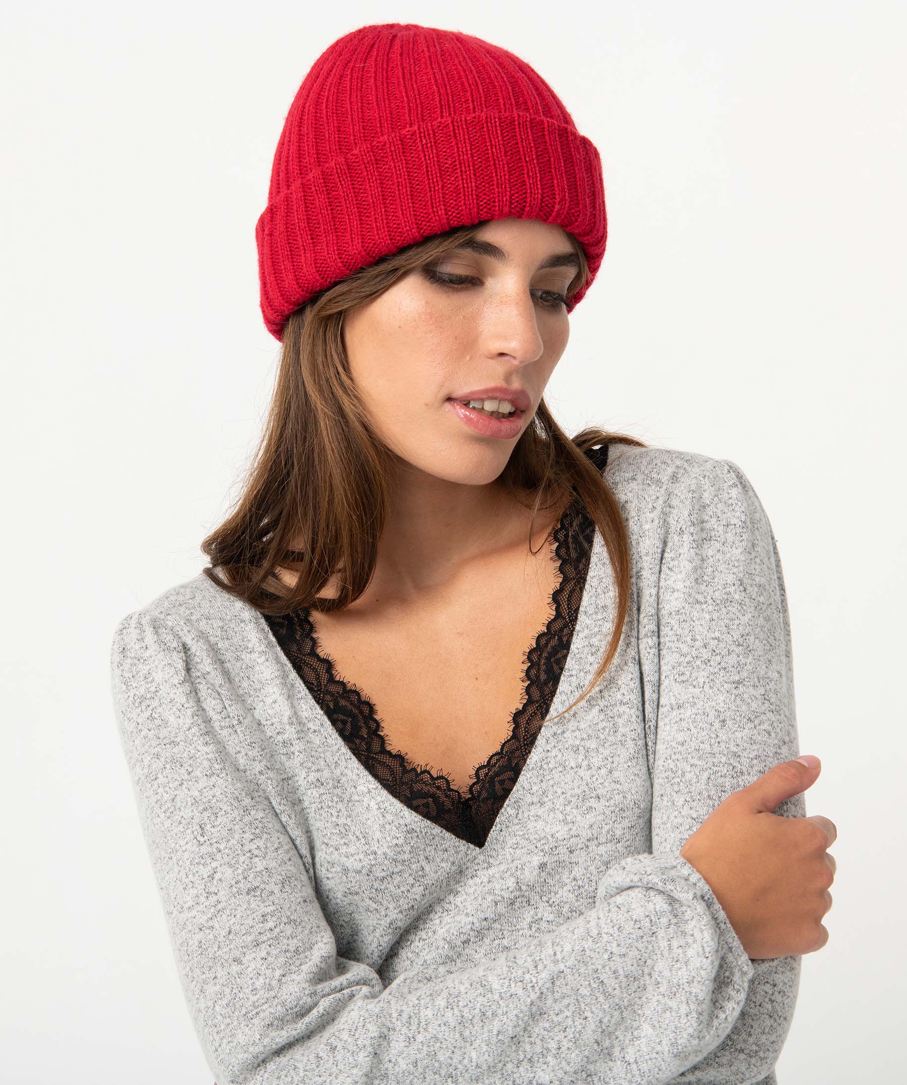 Pull femme en maille douce à col V en dentelle gris clair | GEMO
