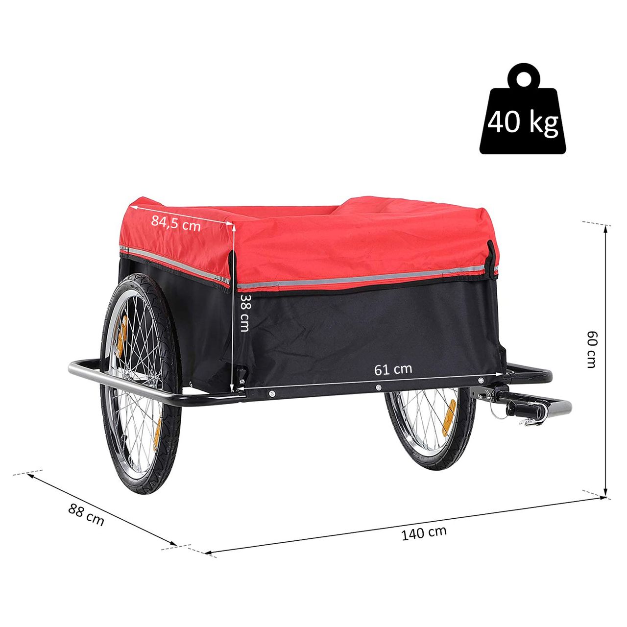 HOMCOM Transportanhänger Lastenanhänger Fahrrad CargoTrailer Schwarz   Rot L140 x B88 x H60 cm