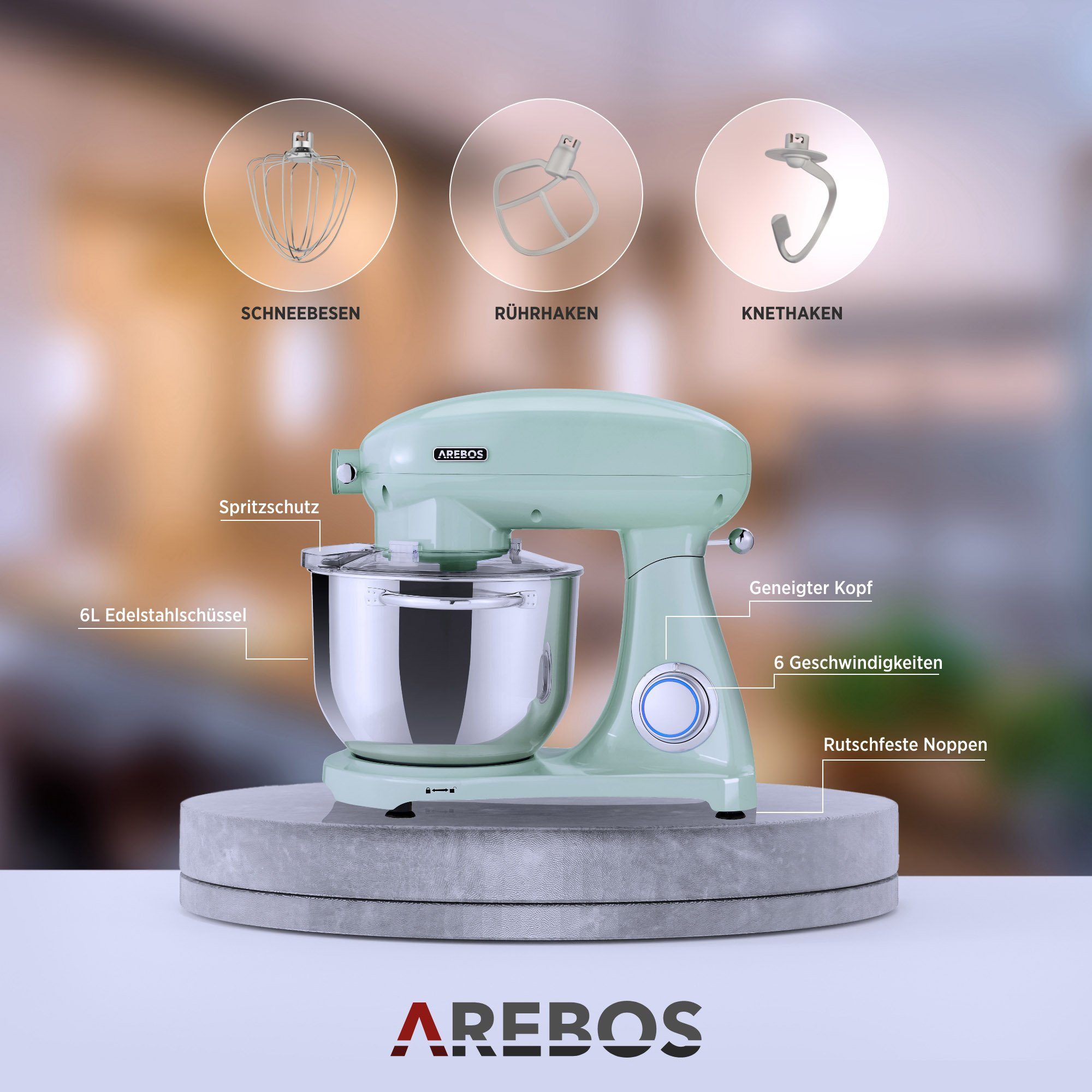 Arebos Küchenmaschine Retro, 6L Edelstahl-Rührschüssel, 6 Geschwindigkeiten, 1800 W