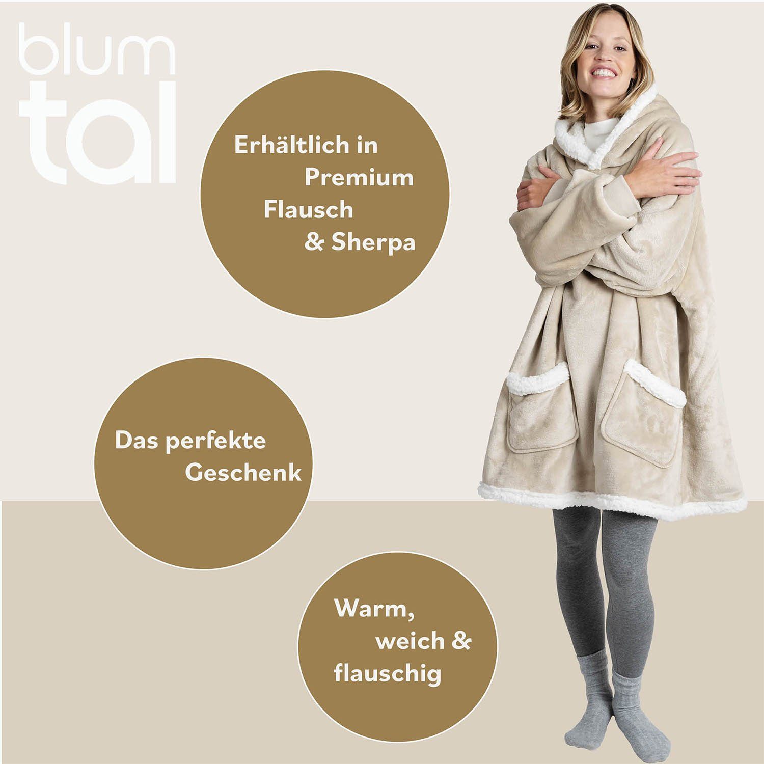 Wohndecke Blumtal Hoodie Decke mit Ärmeln und Kapuze - tragbare Decke mit Ärmeln, Blumtal, Kuscheldecke mit 2 Fronttaschen für maximale Bewegungsfreiheit
