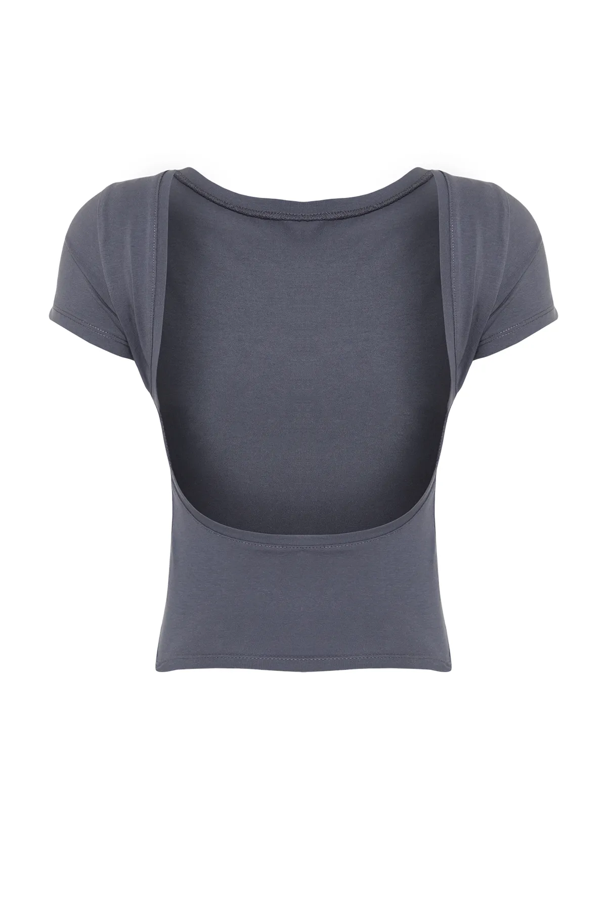 Trendyol Collection  Anthrazitfarbene, rückenfreie, bauchfreie, dehnbare Strickbluse aus Baumwolle TWOSS23BZ00912