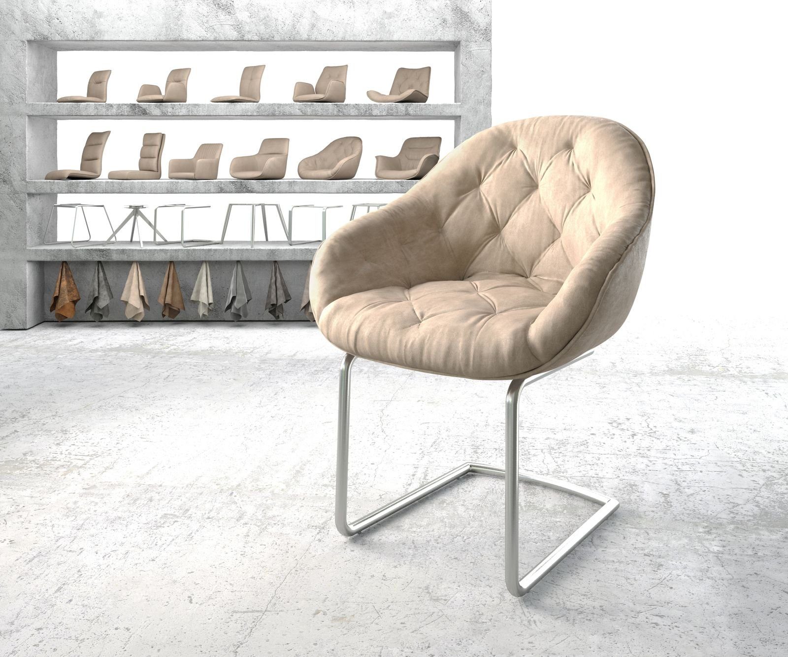 DELIFE Polsterstuhl Gaio-Flex, Freischwinger rund Edelstahl Beige Vintage