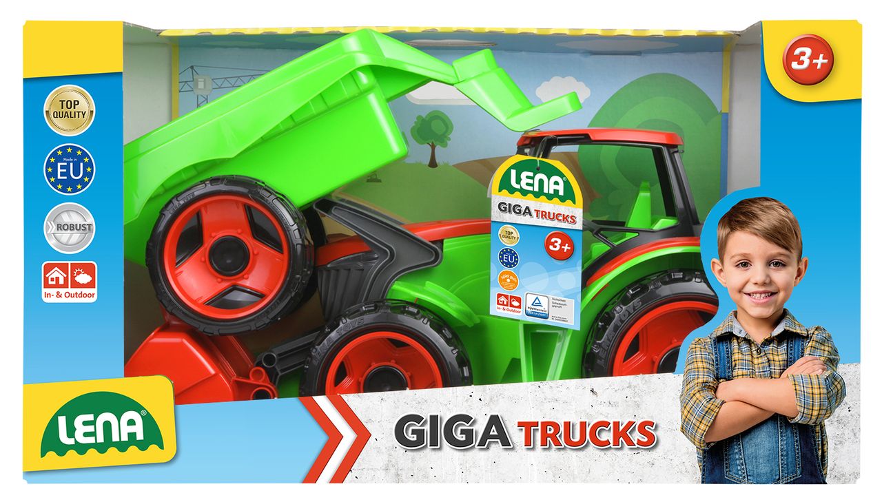 LENA GIGA TRUCKS Traktor mit Frontlader & Anhänger, hellgrün/rot, Schaukarton