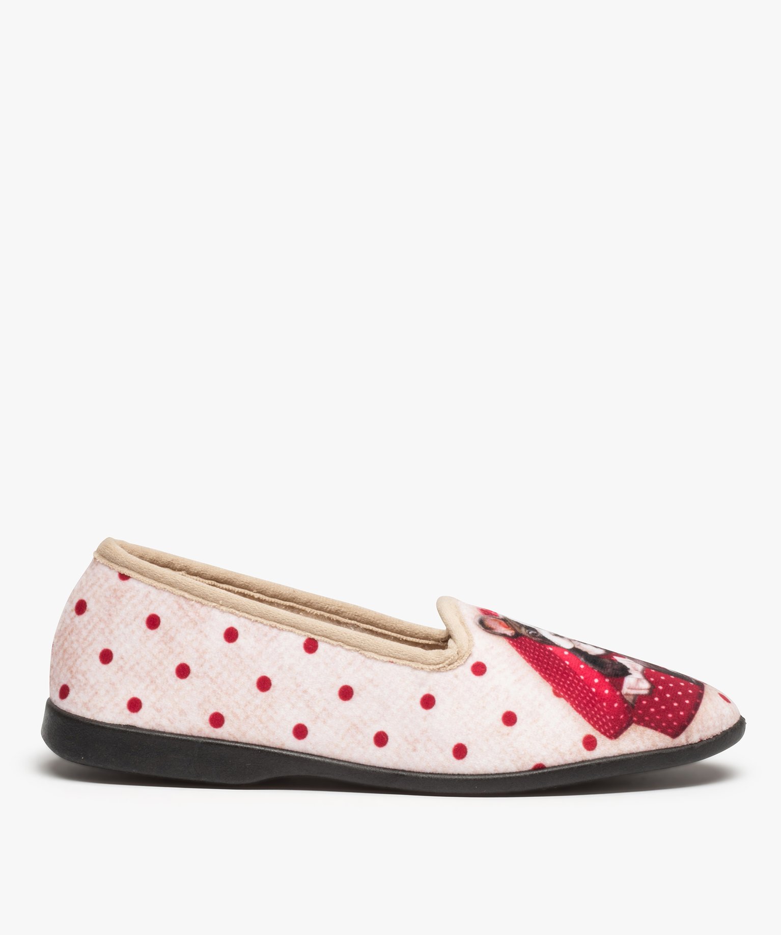 Chaussons femme en velours ras imprimés bouledogue beige | GEMO