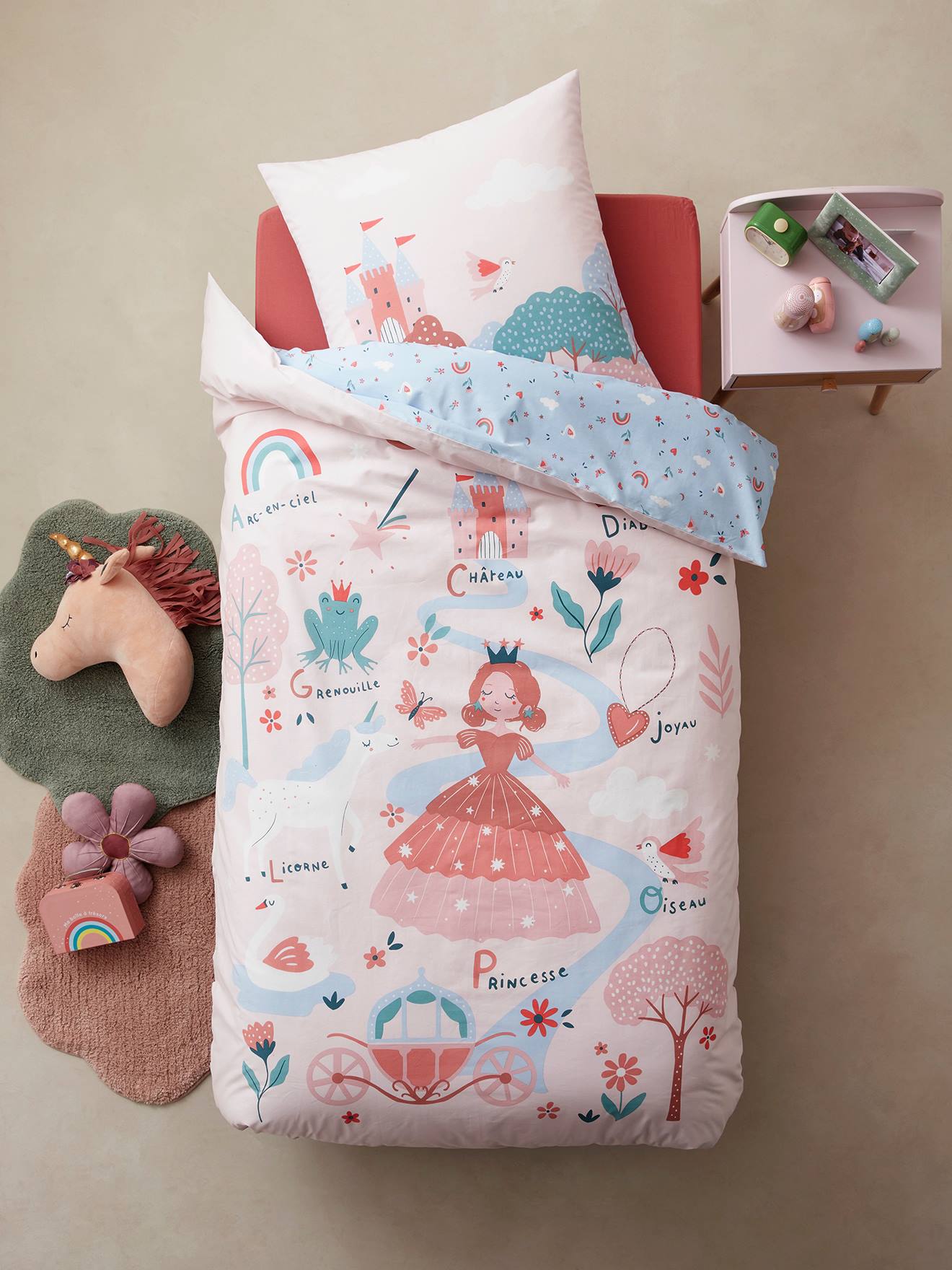 Parure housse de couette + taie d'oreiller enfant ABC PRINCESSE mauve