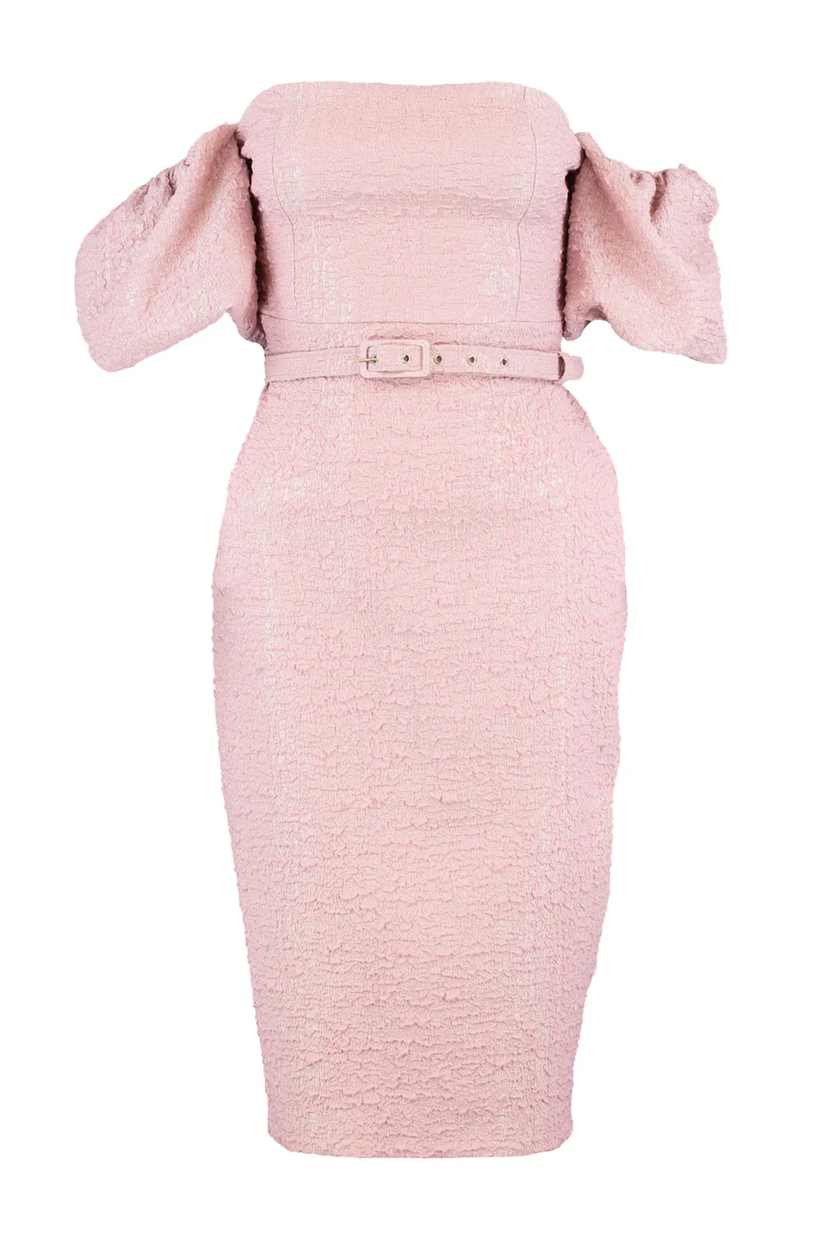 Trendyol Collection  Rosafarbenes, mit Gürtel gefüttertes, strukturiertes, gewebtes, selbstgemustertes, elegantes Abendkleid TPRSS19FZ0335
