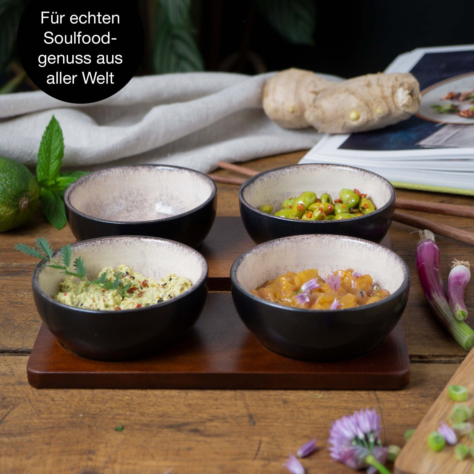 Moritz & Moritz Dipschale 6tlg Dip Schalen Set mit Brett, Porzellan, Sandelholz, (Set, 6-tlg, 6-tlg), 10cm Ø für Snacks, Dessert, Dips und Saucen