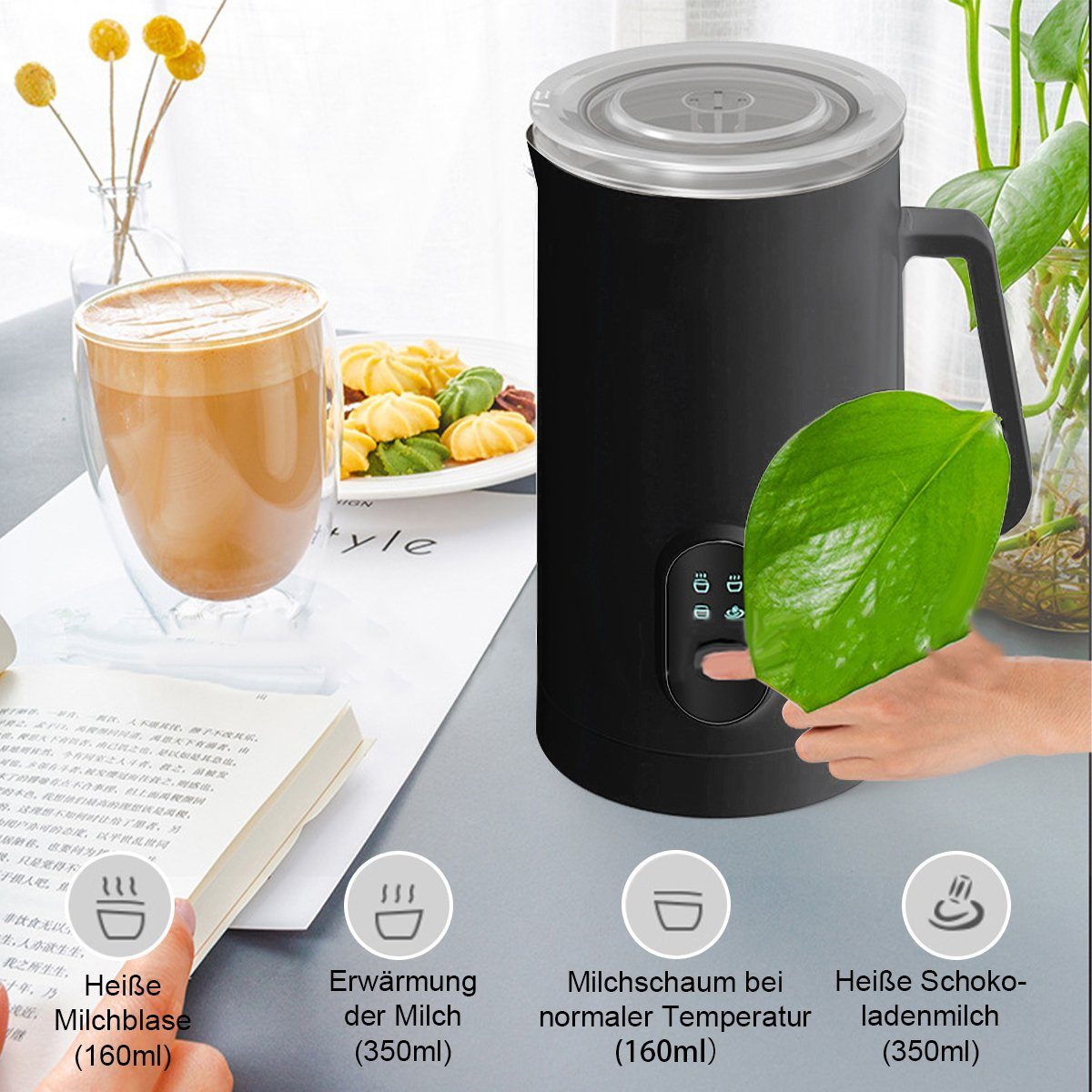 Hikeren Milchaufschäumer 4-in-1 Elektrischer Milchaufschäumer,400W,350ml für Heißer,Kalter, 400,00 W