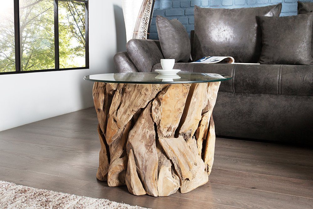 riess-ambiente Couchtisch RIVERSIDE 60cm natur / transparent, Wohnzimmer · Massivholz-Gestell · Glasplatte · rund · Handarbeit