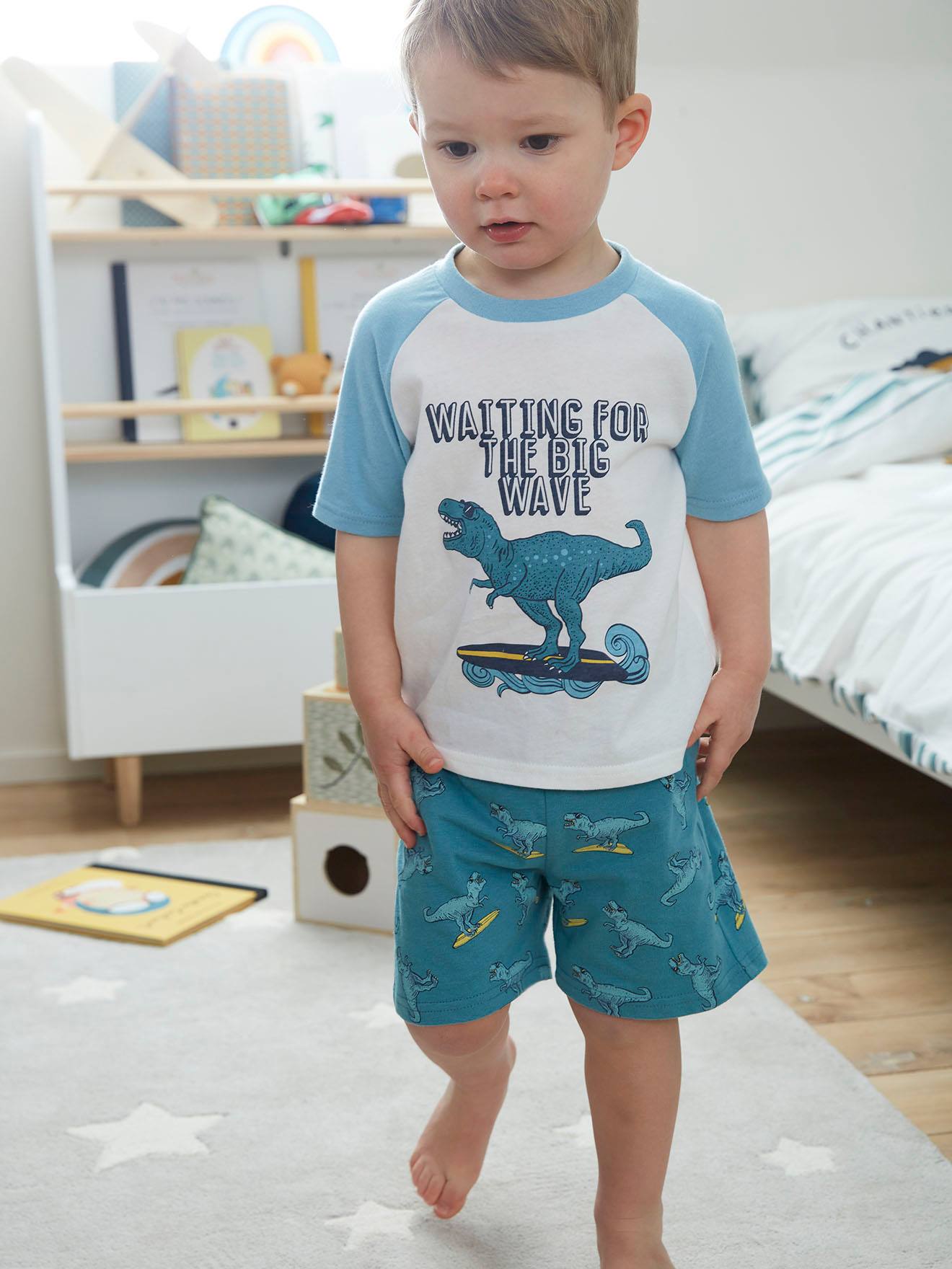 Pyjashort imprimé garçon Dino Surf bleu canard