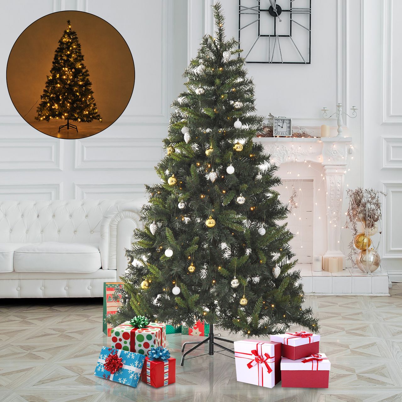 HOMCOM Weihnachtsbaum Tannenbaum mit Deko 200 LEDs 745 Spitzen Ø 112 x H180 cm