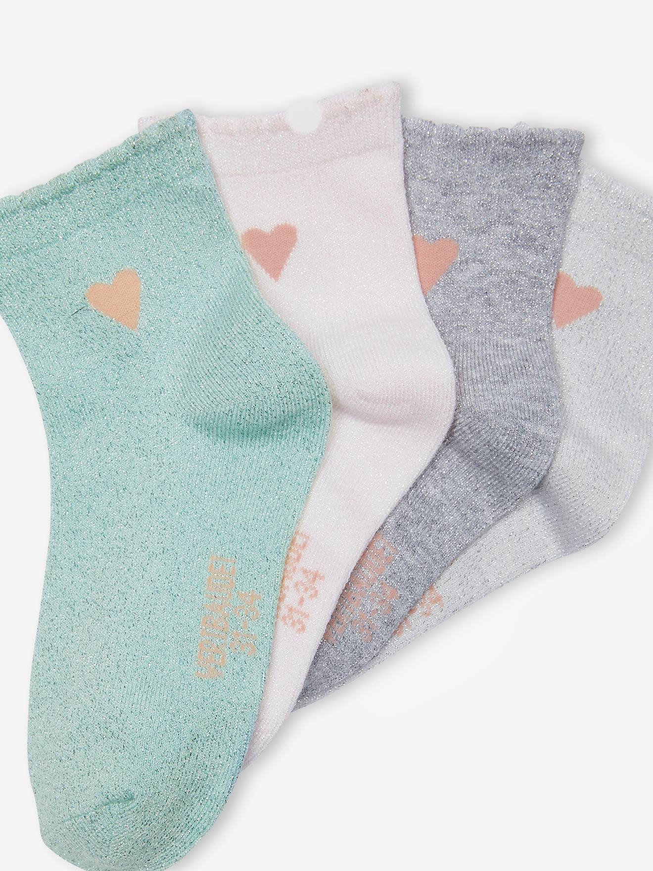 Lot de 4 paires de mi-chaussettes brodées coeur scintillant fille rose poudré