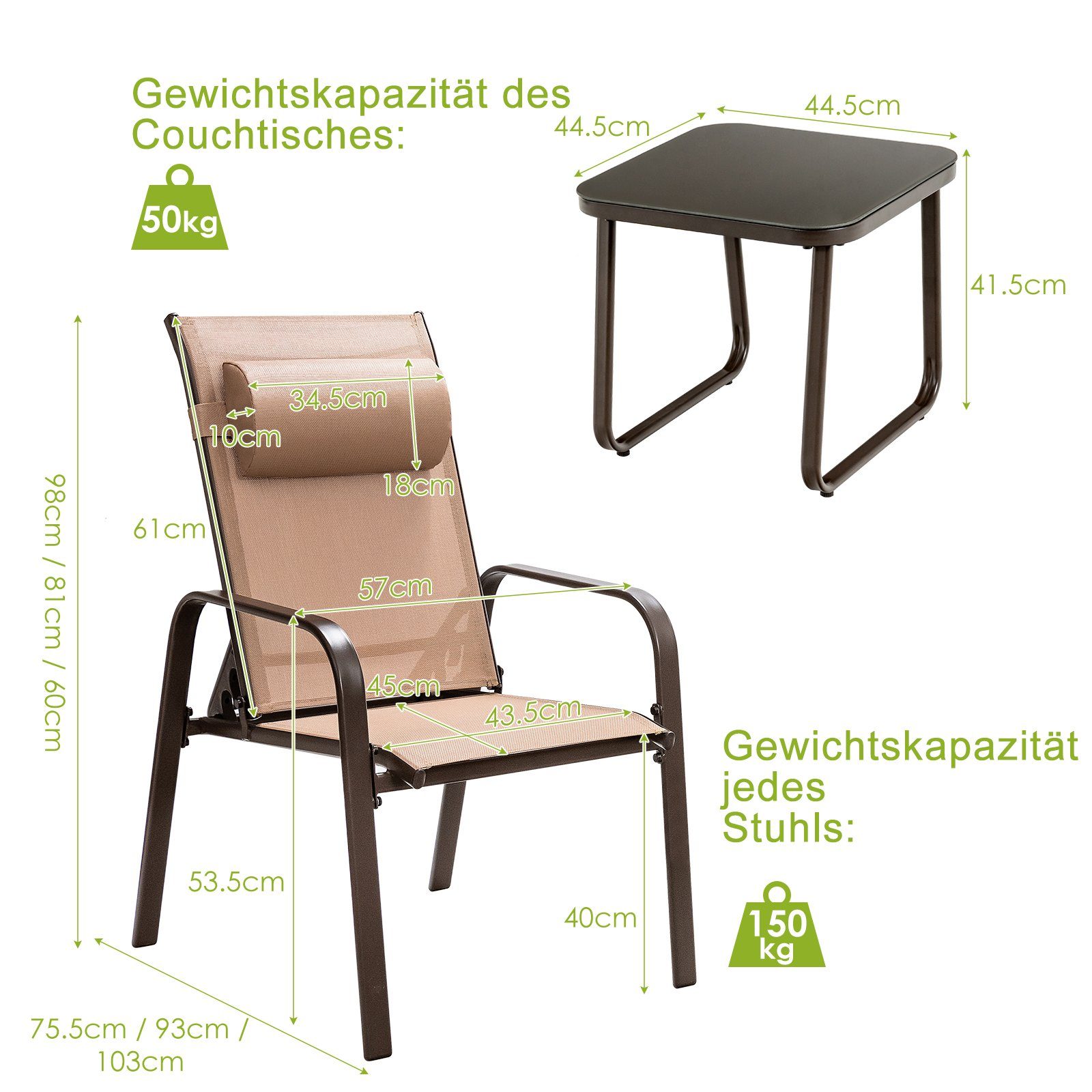 COSTWAY Essgruppe Balkonset, (3tlg), mit 2 Stühle & Rückenlehne & Kopfstütz