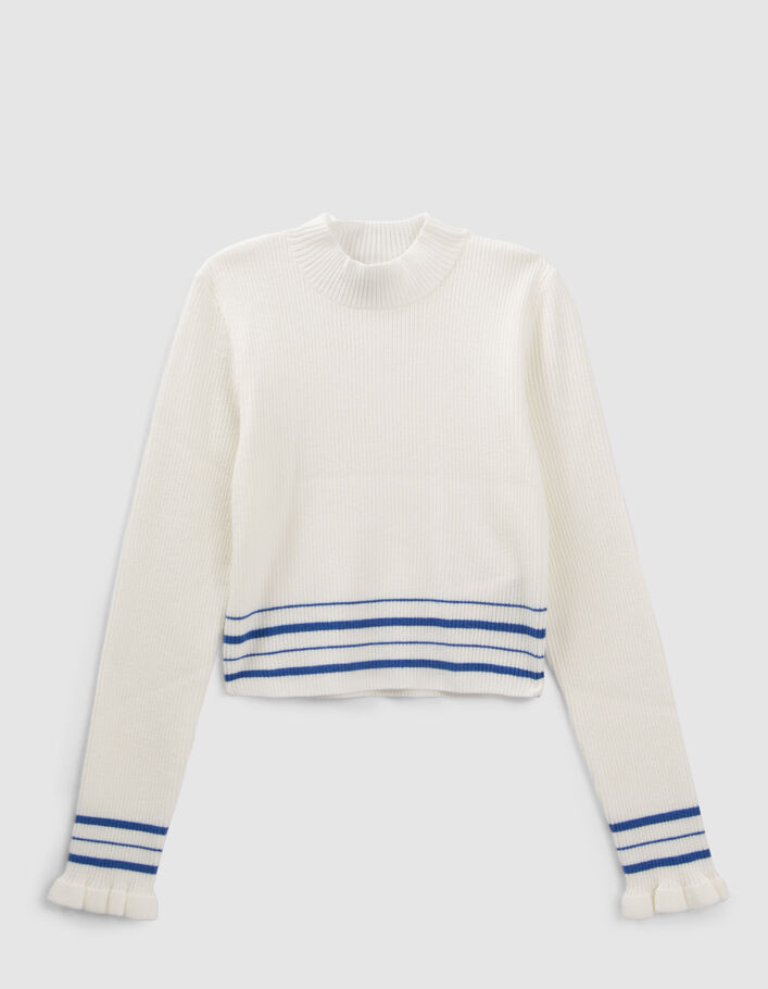 Pull blanc à rayures bleues en tricot fille