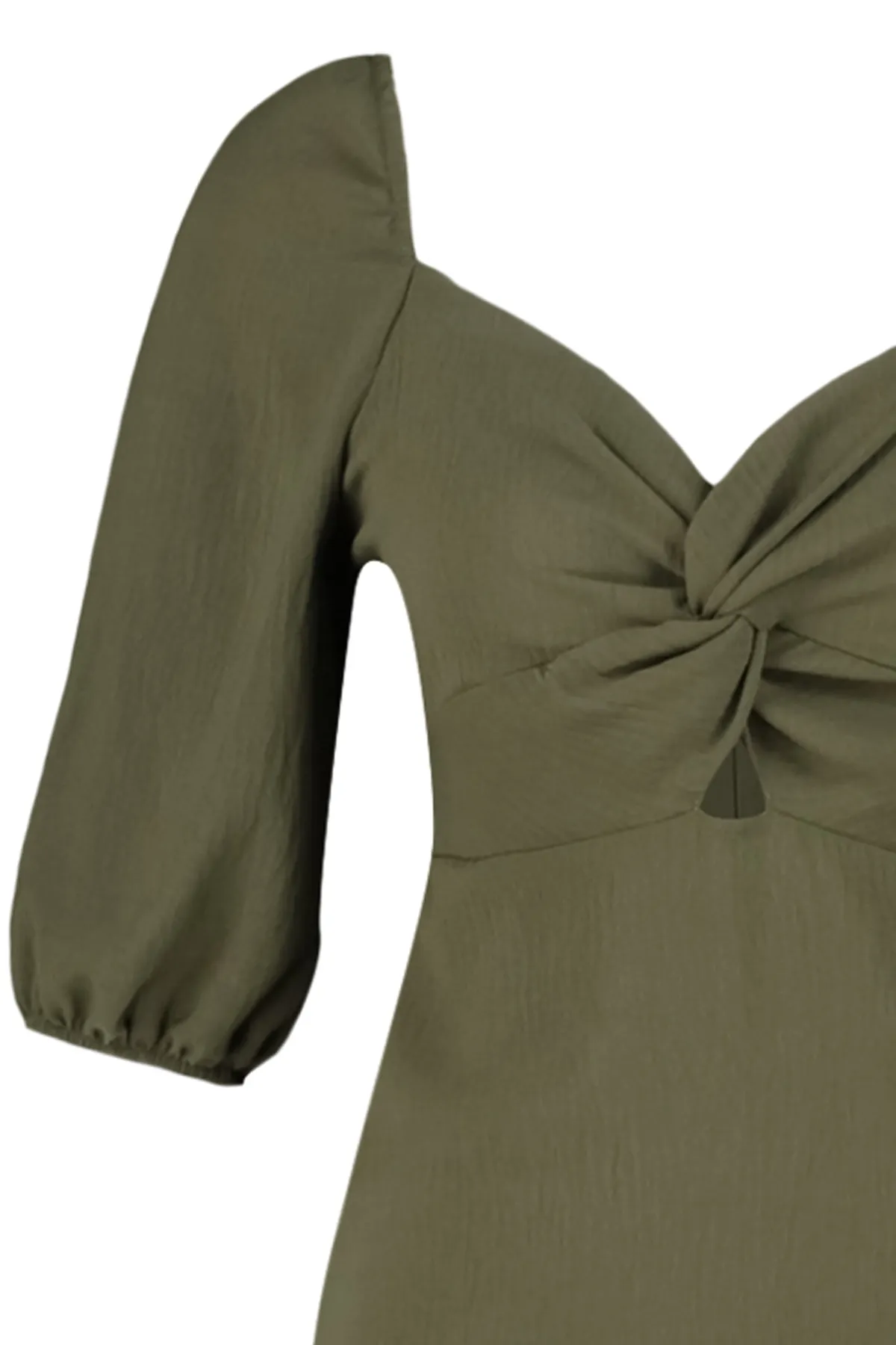 Trendyol Collection  Khakifarbenes, figurbetontes Mini-Webkleid mit Rüschendetail TWOSS23EL01347